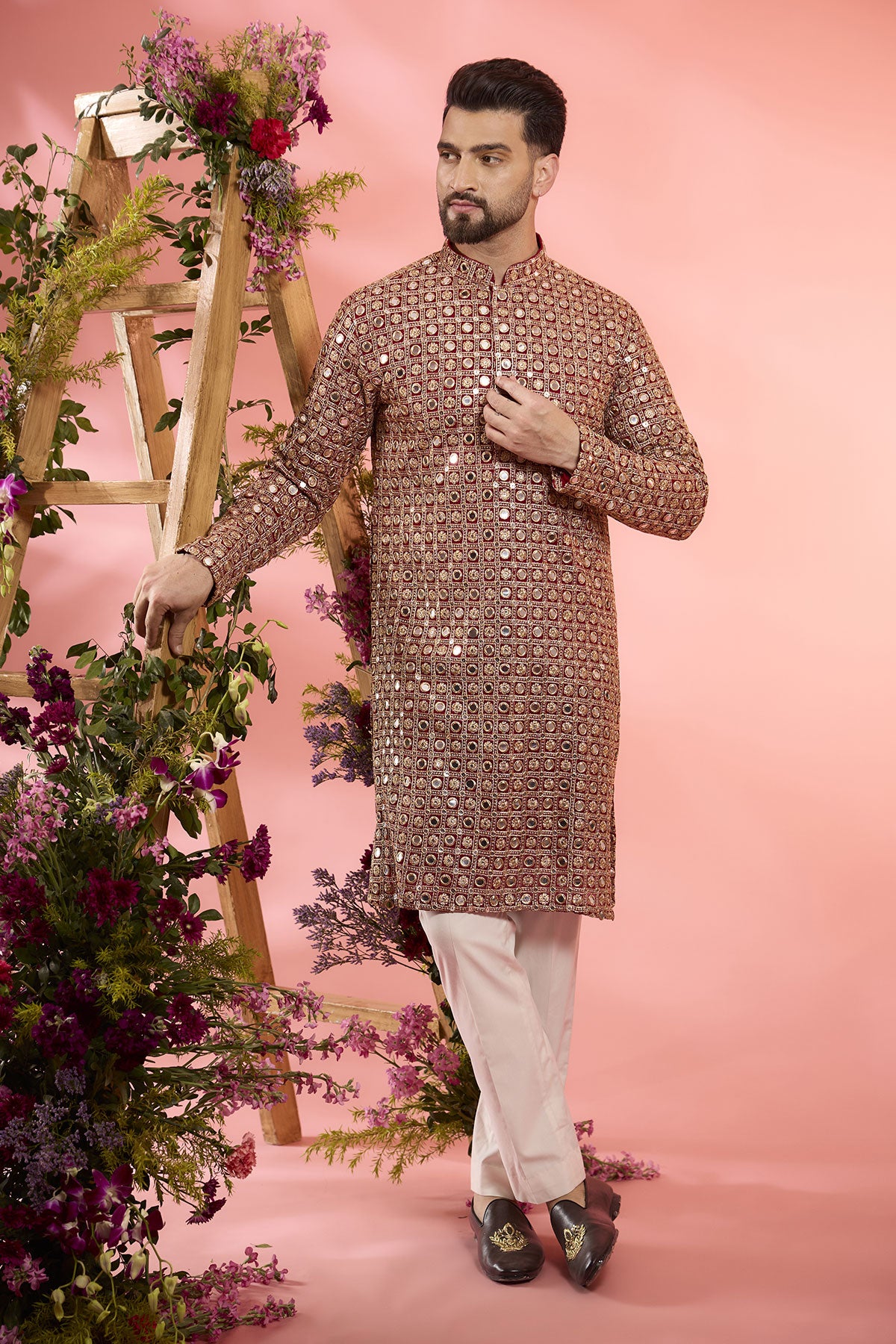Red Georgette Mirror Work Kurta