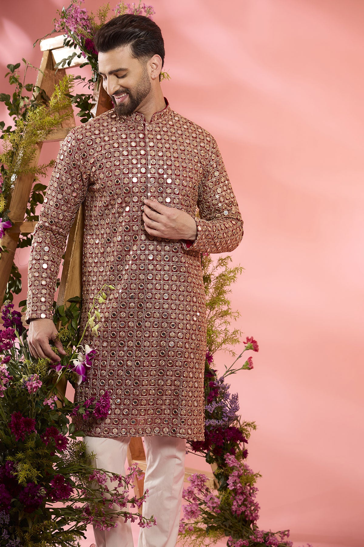 Red Georgette Mirror Work Kurta