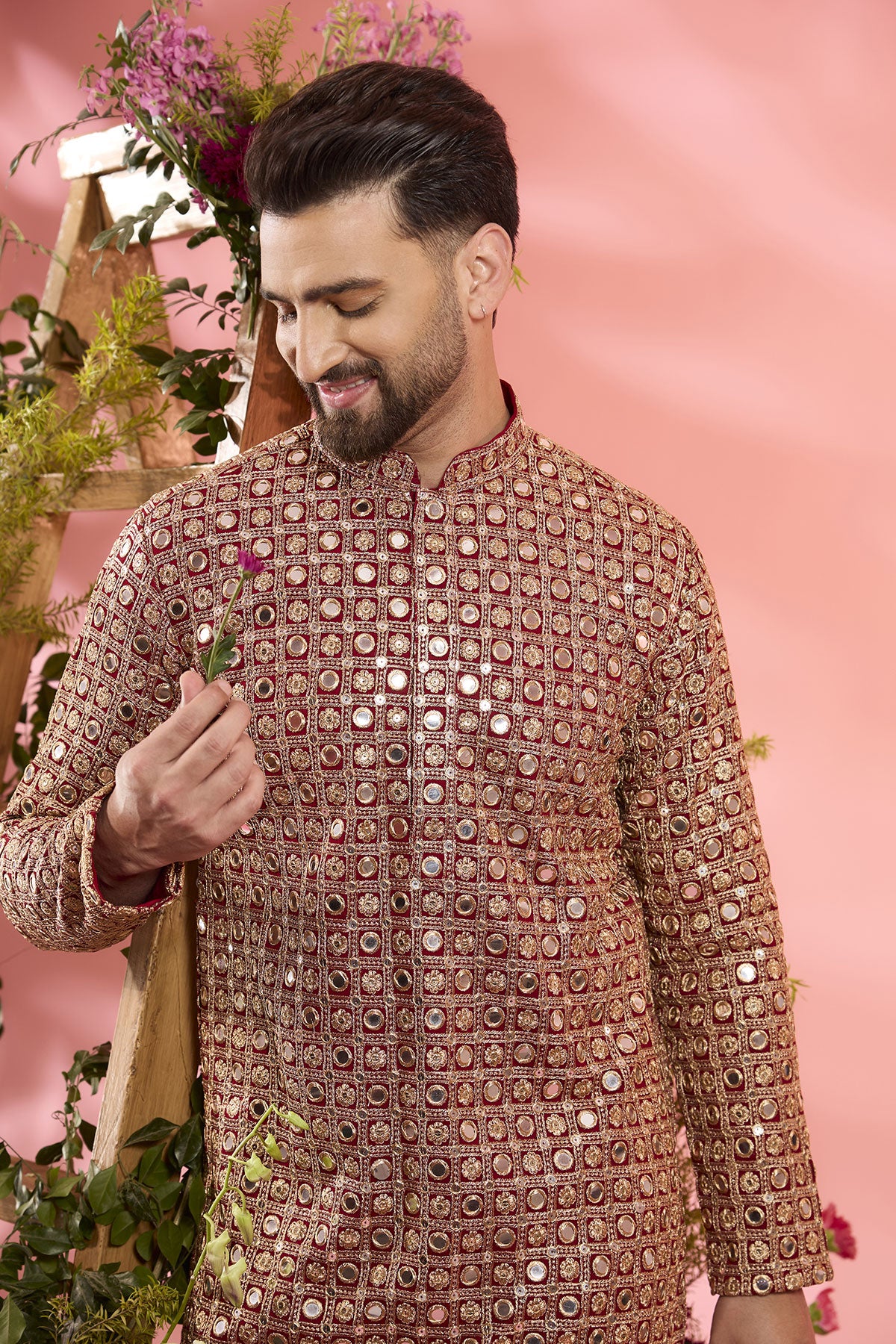 Red Georgette Mirror Work Kurta