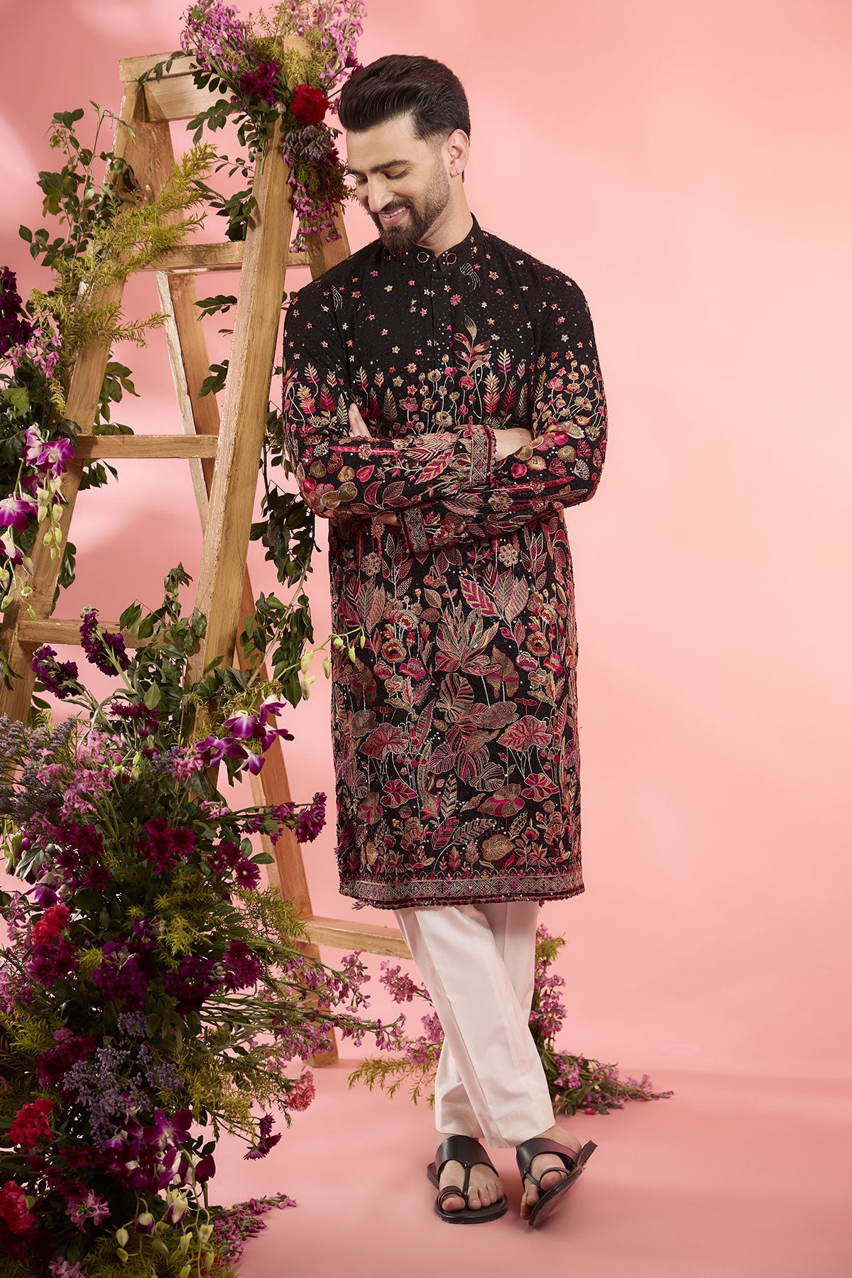 Black Sequined Georgette Floral Embroidered Kurta