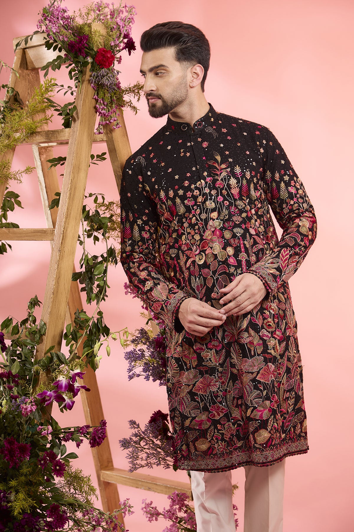 Black Sequined Georgette Floral Embroidered Kurta