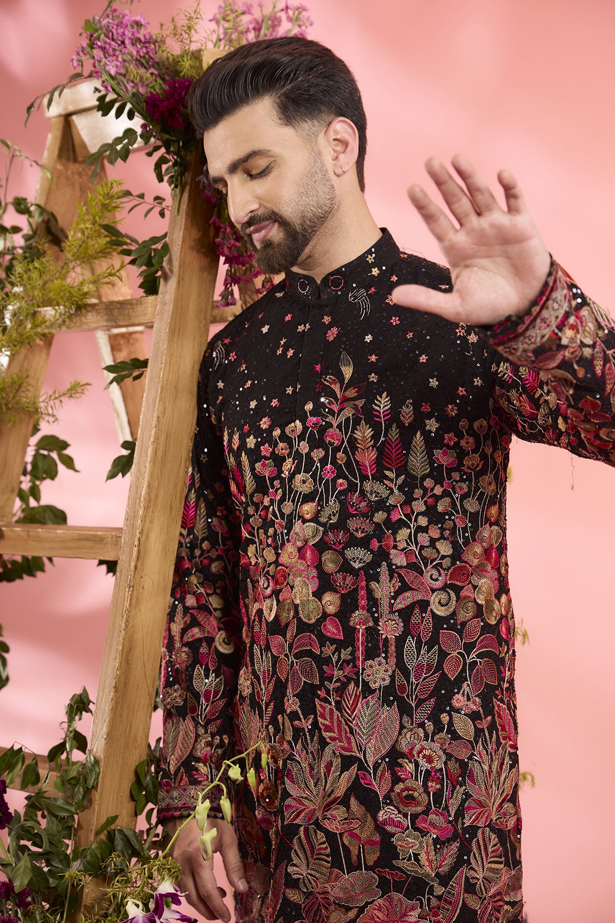 Black Sequined Georgette Floral Embroidered Kurta