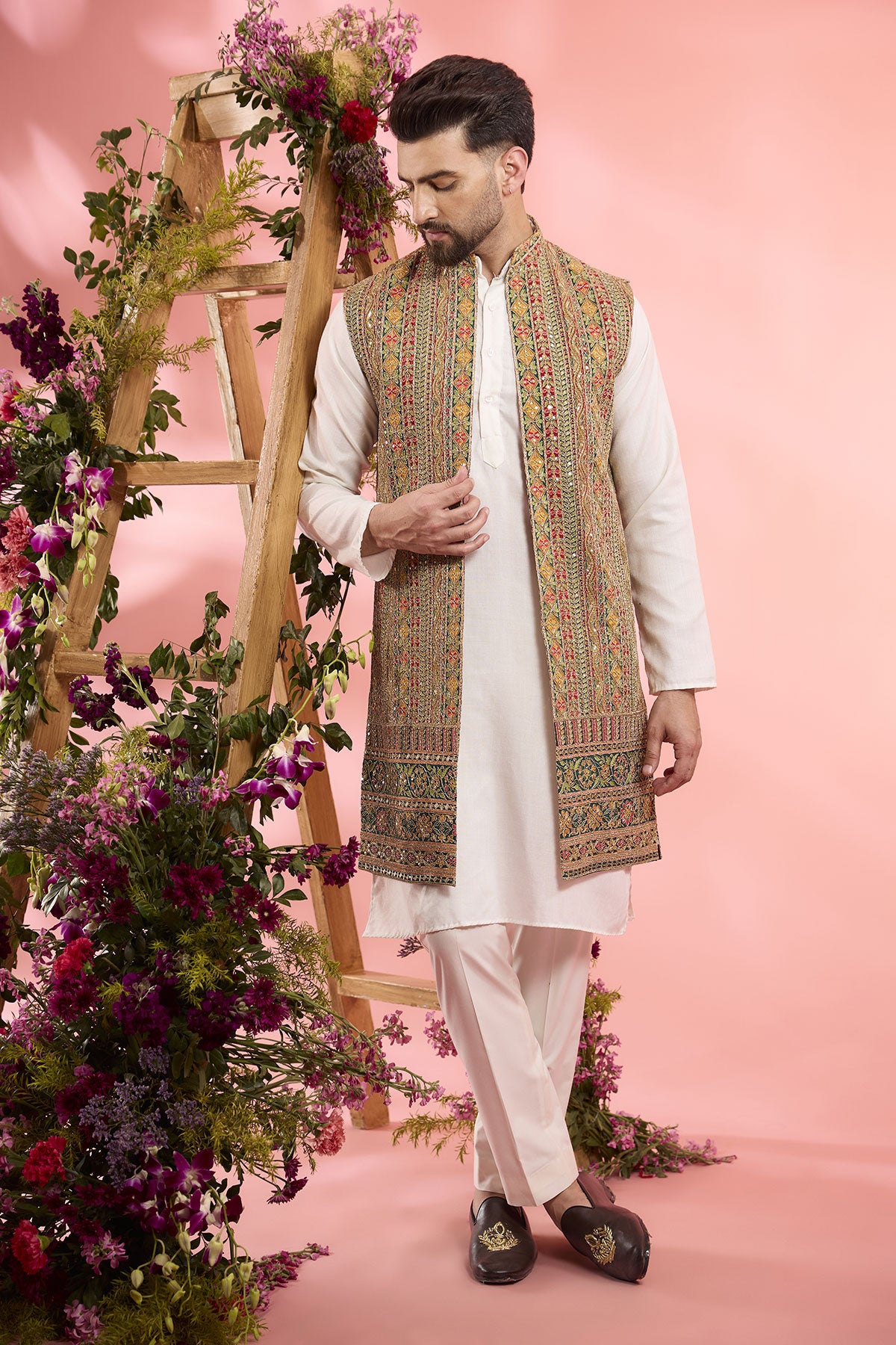 Multi-Colored Georgette Zari Work Open Indowestern