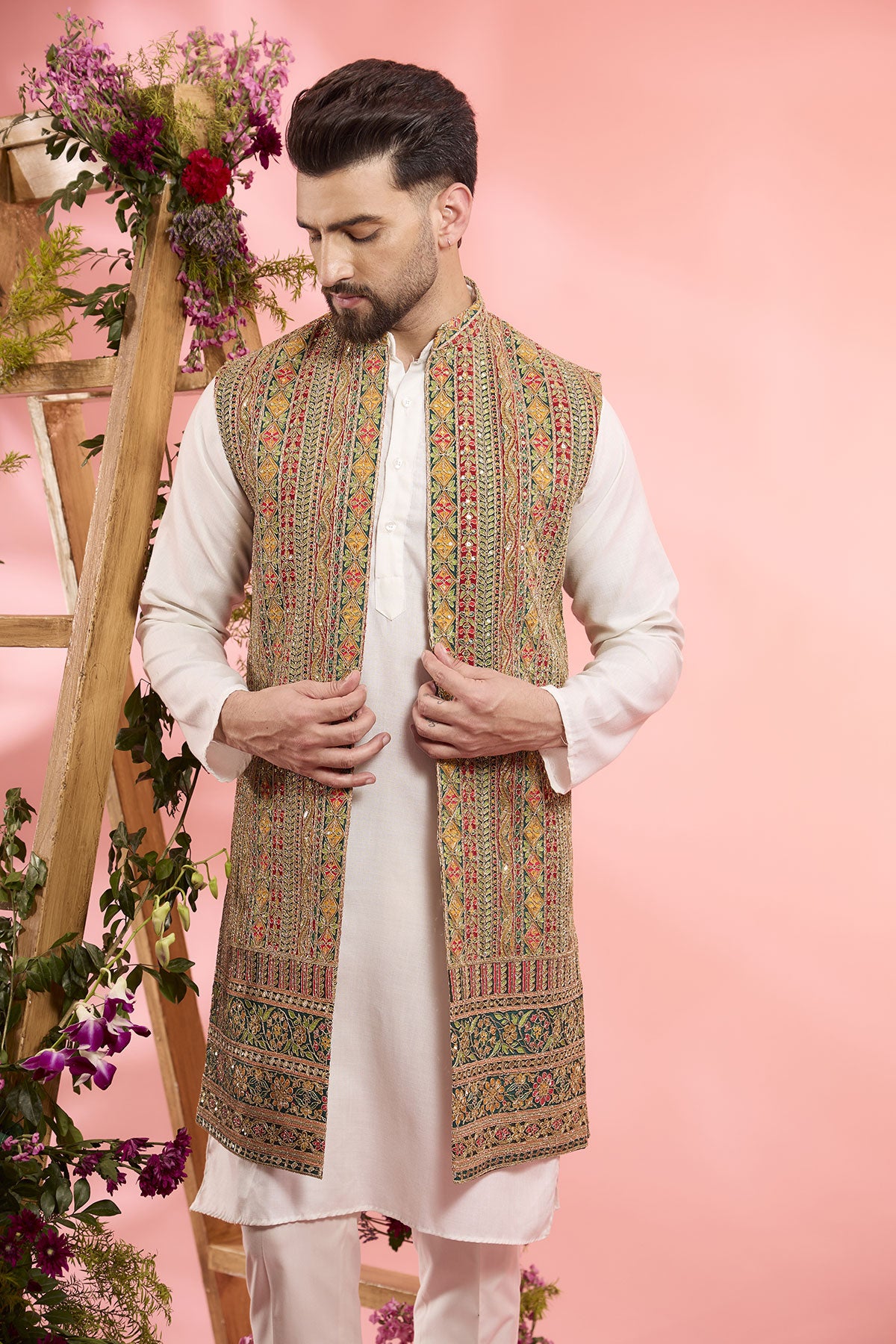 Multi-Colored Georgette Zari Work Open Indowestern