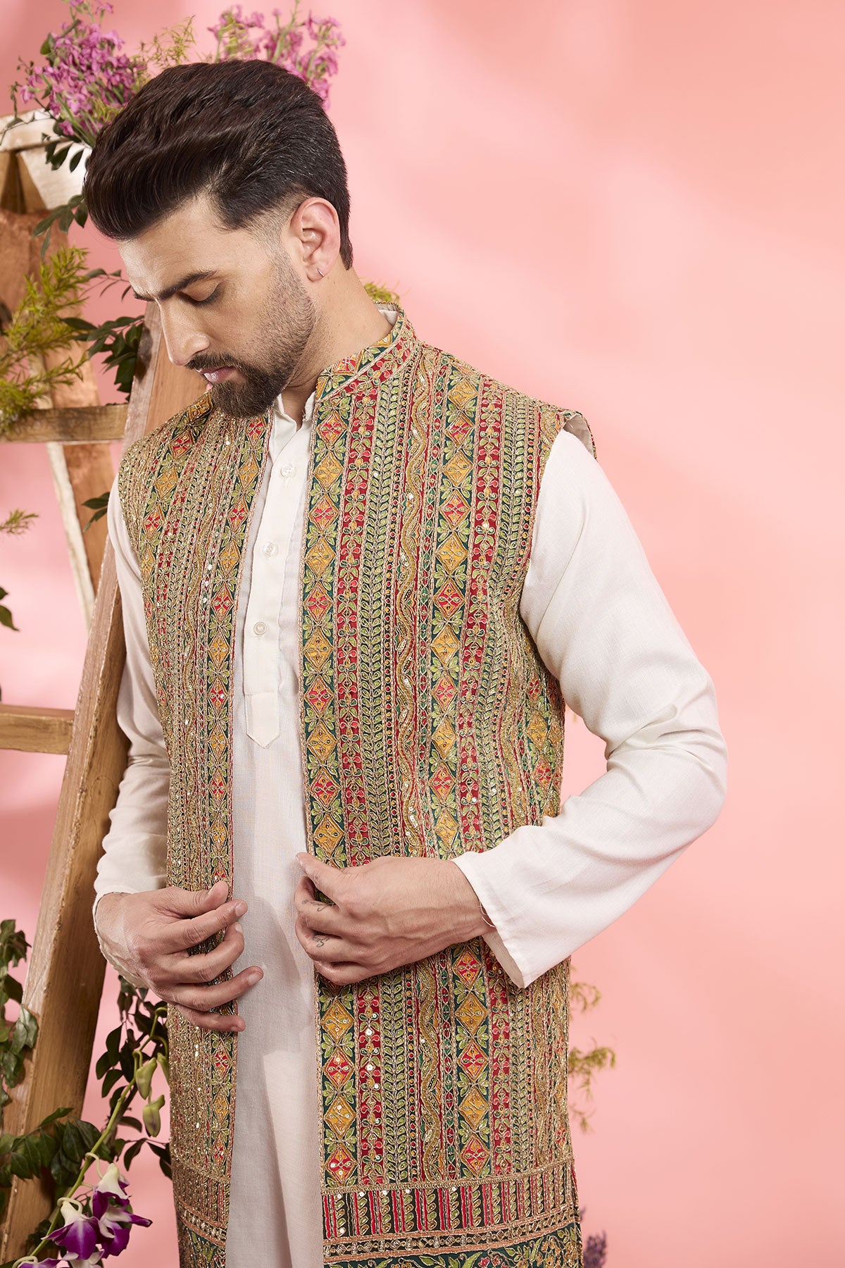 Multi-Colored Georgette Zari Work Open Indowestern