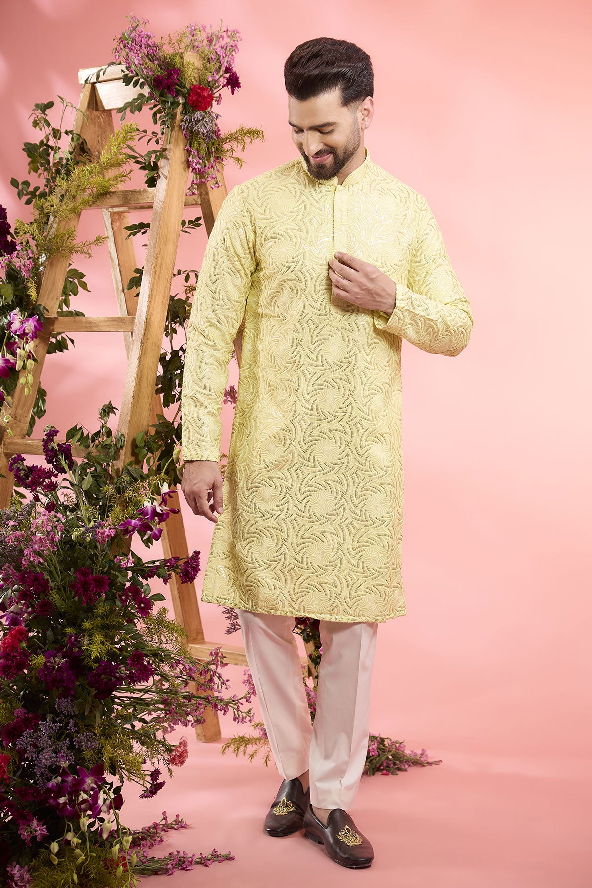 Yellow Silk Geometrical Embroidered Kurta