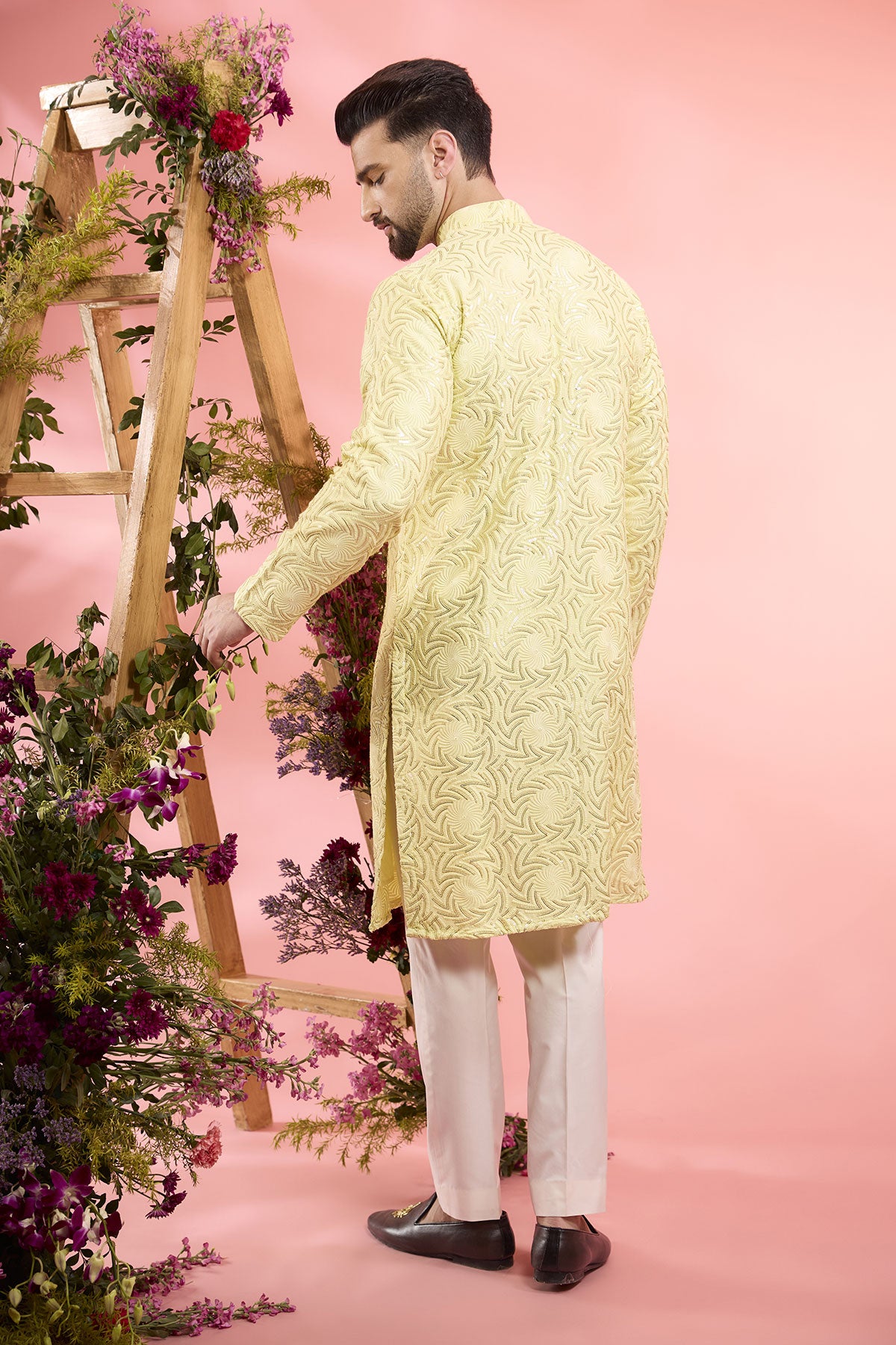 Yellow Silk Geometrical Embroidered Kurta