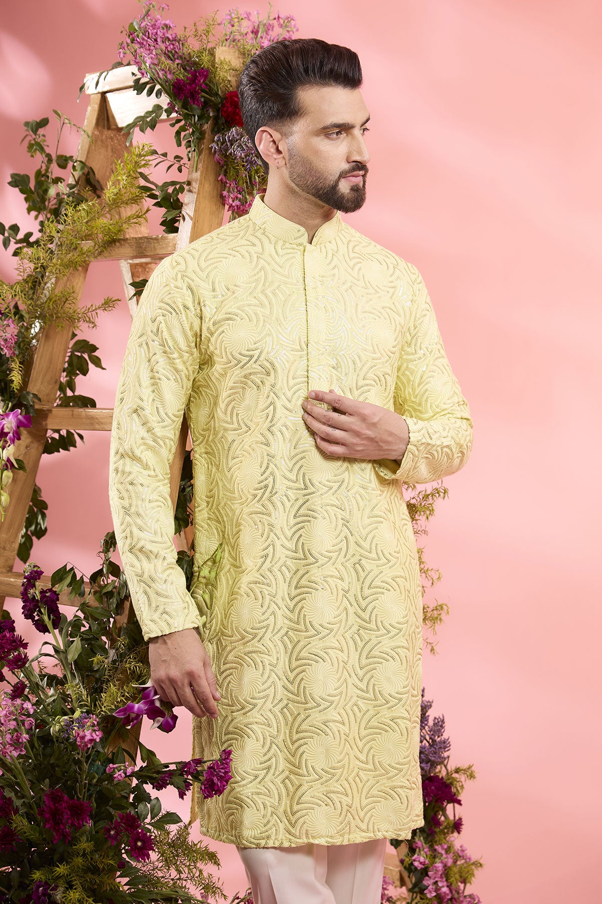 Yellow Silk Geometrical Embroidered Kurta