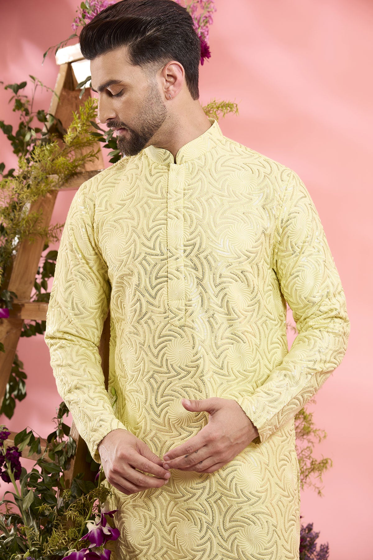Yellow Silk Geometrical Embroidered Kurta