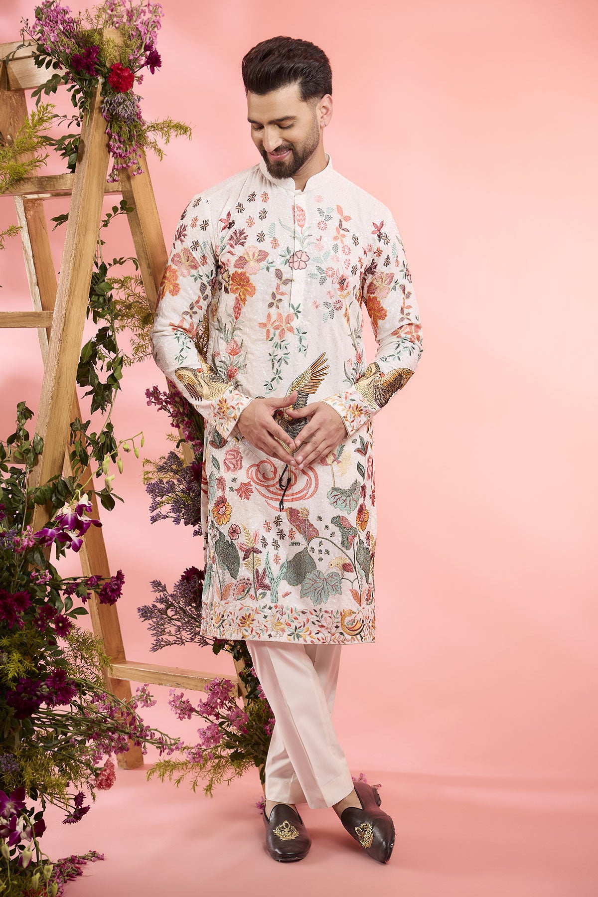 White Georgette Floral & Fauna Kurta