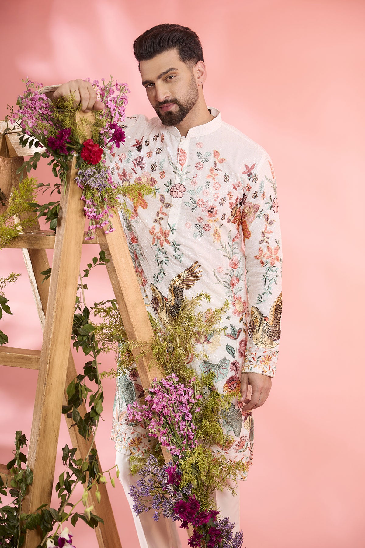 White Georgette Floral & Fauna Kurta