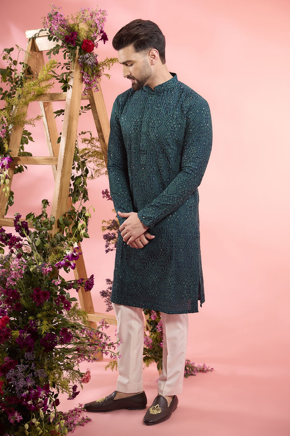 Teal Silk Embroidered Chikankari Kurta