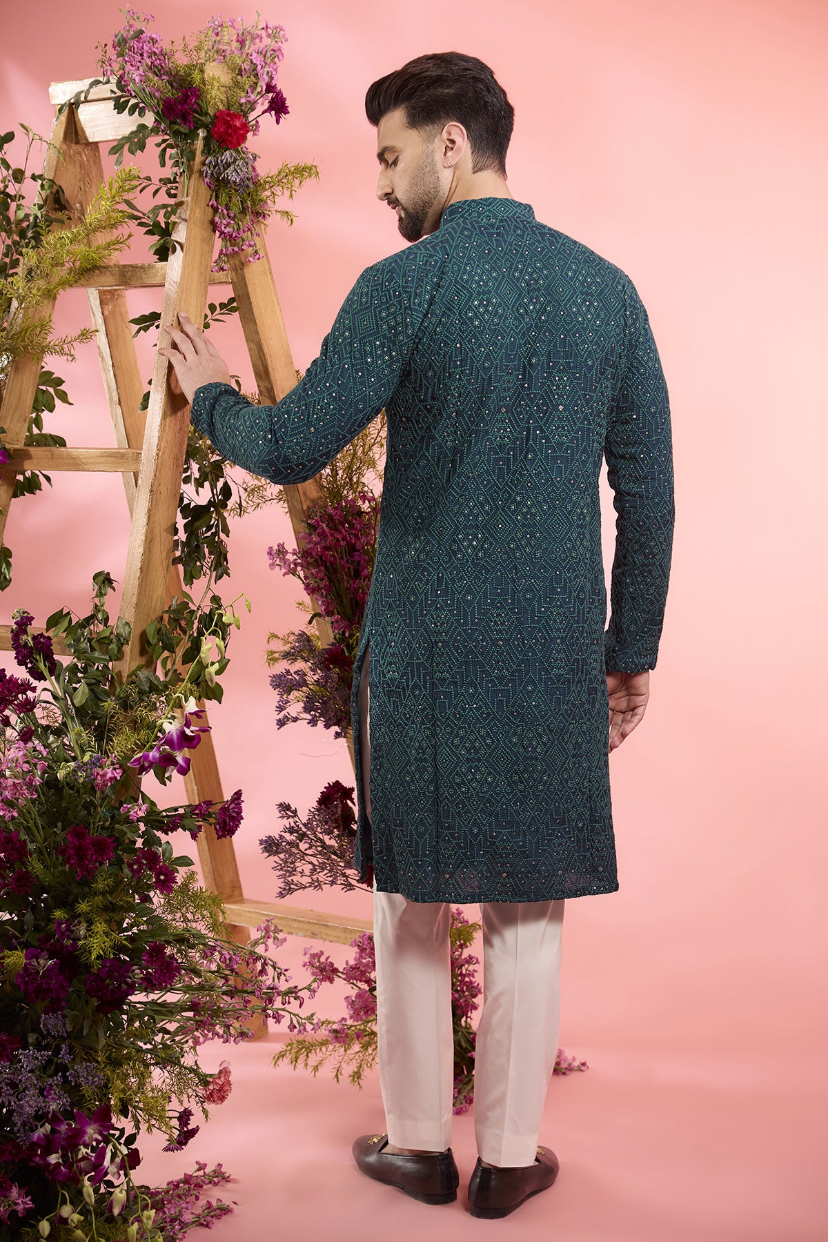 Teal Silk Embroidered Chikankari Kurta