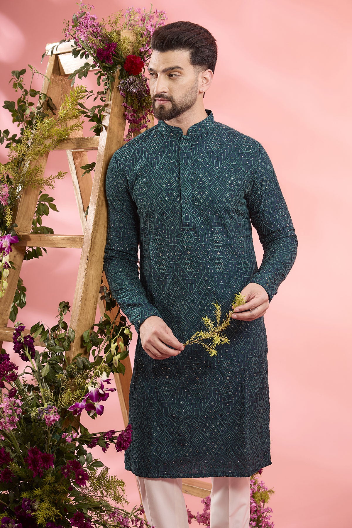 Teal Silk Embroidered Chikankari Kurta