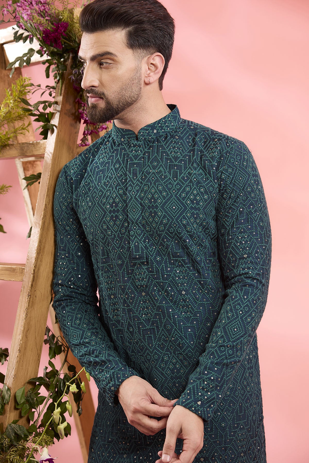 Teal Silk Embroidered Chikankari Kurta