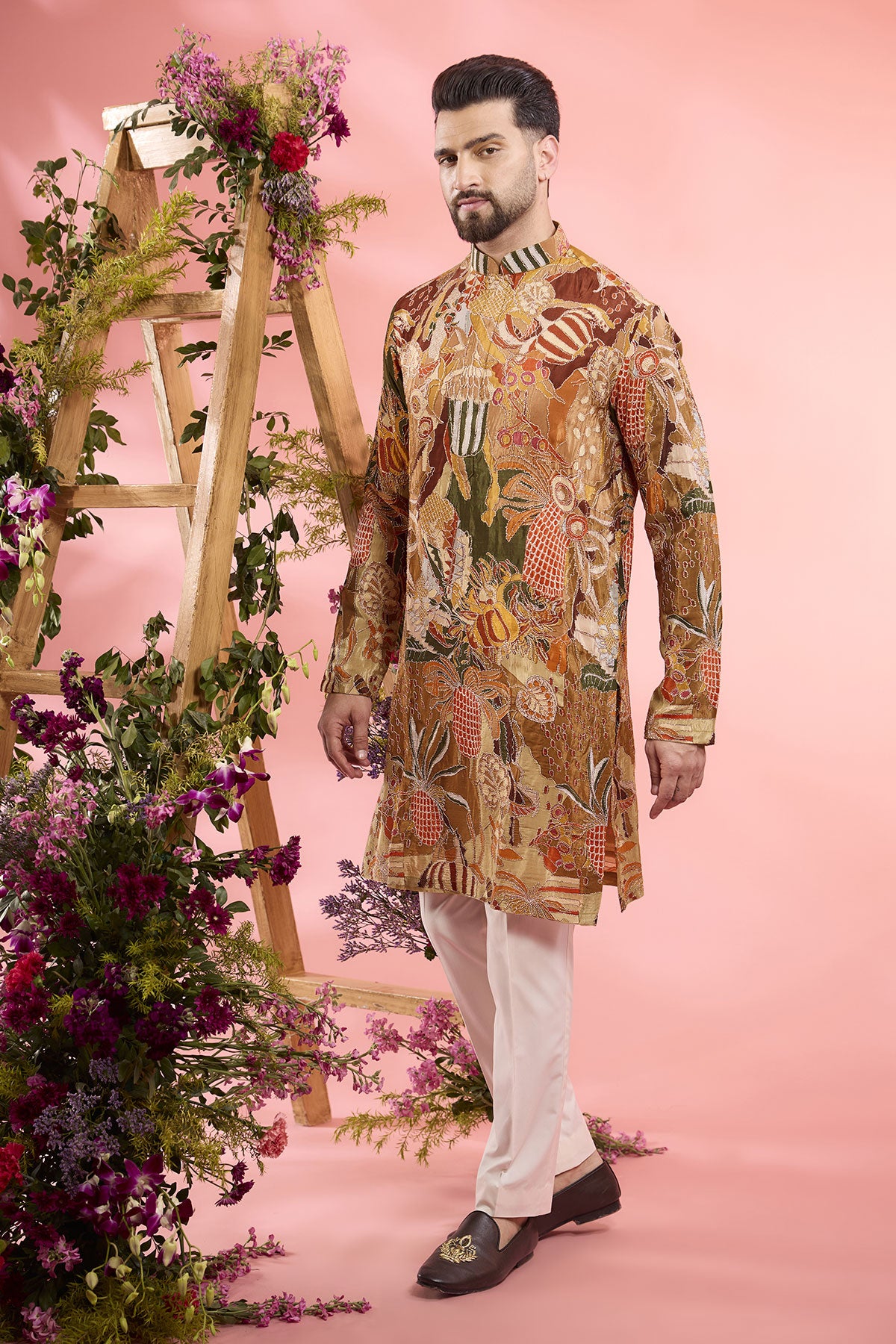 Peach Crepe Silk Embroidered Kurta