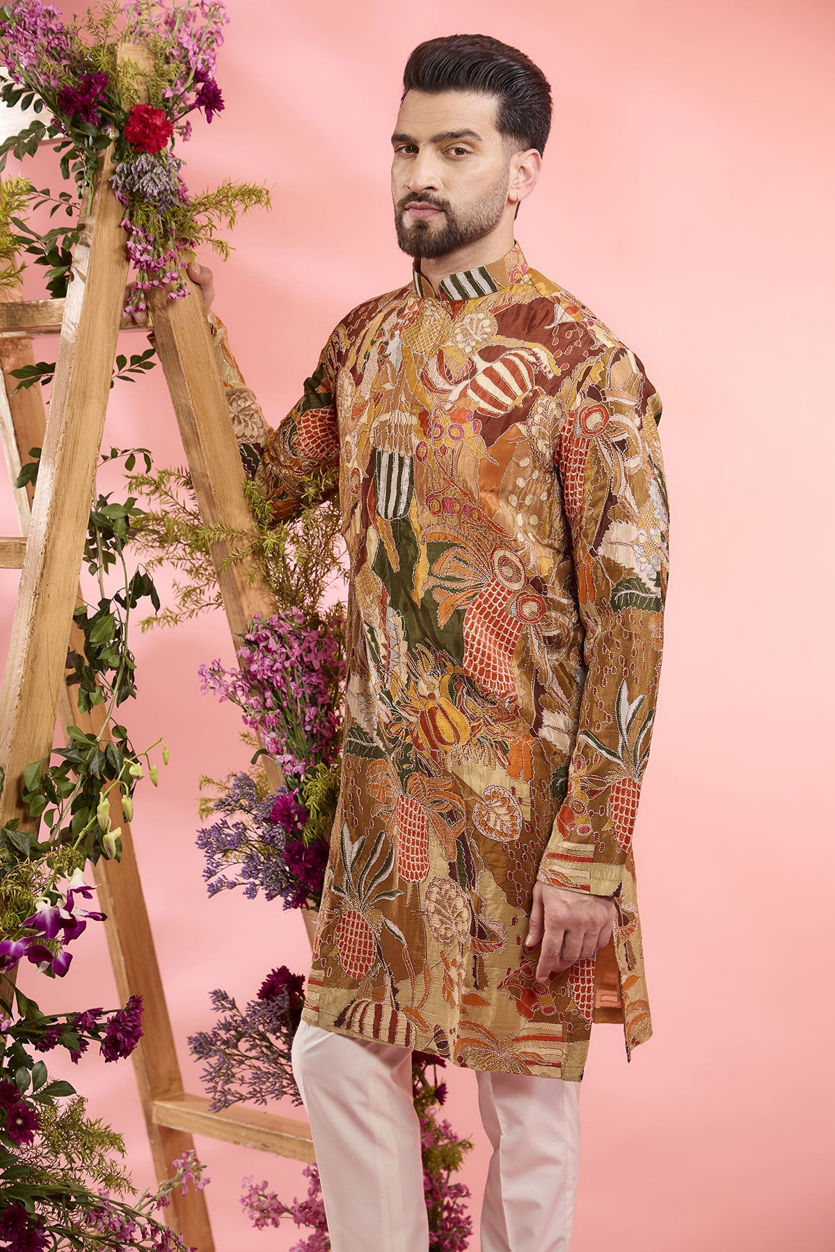 Peach Crepe Silk Embroidered Kurta