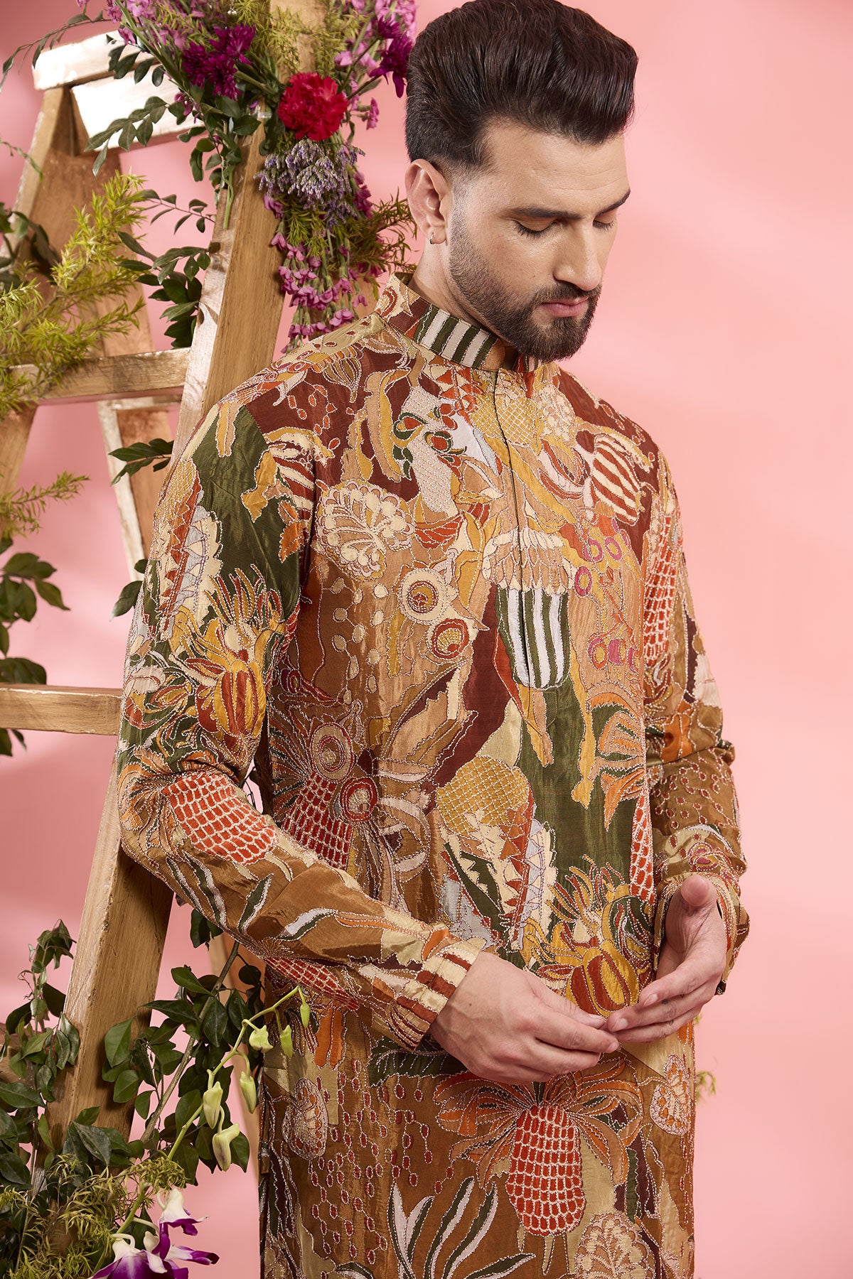 Peach Crepe Silk Embroidered Kurta