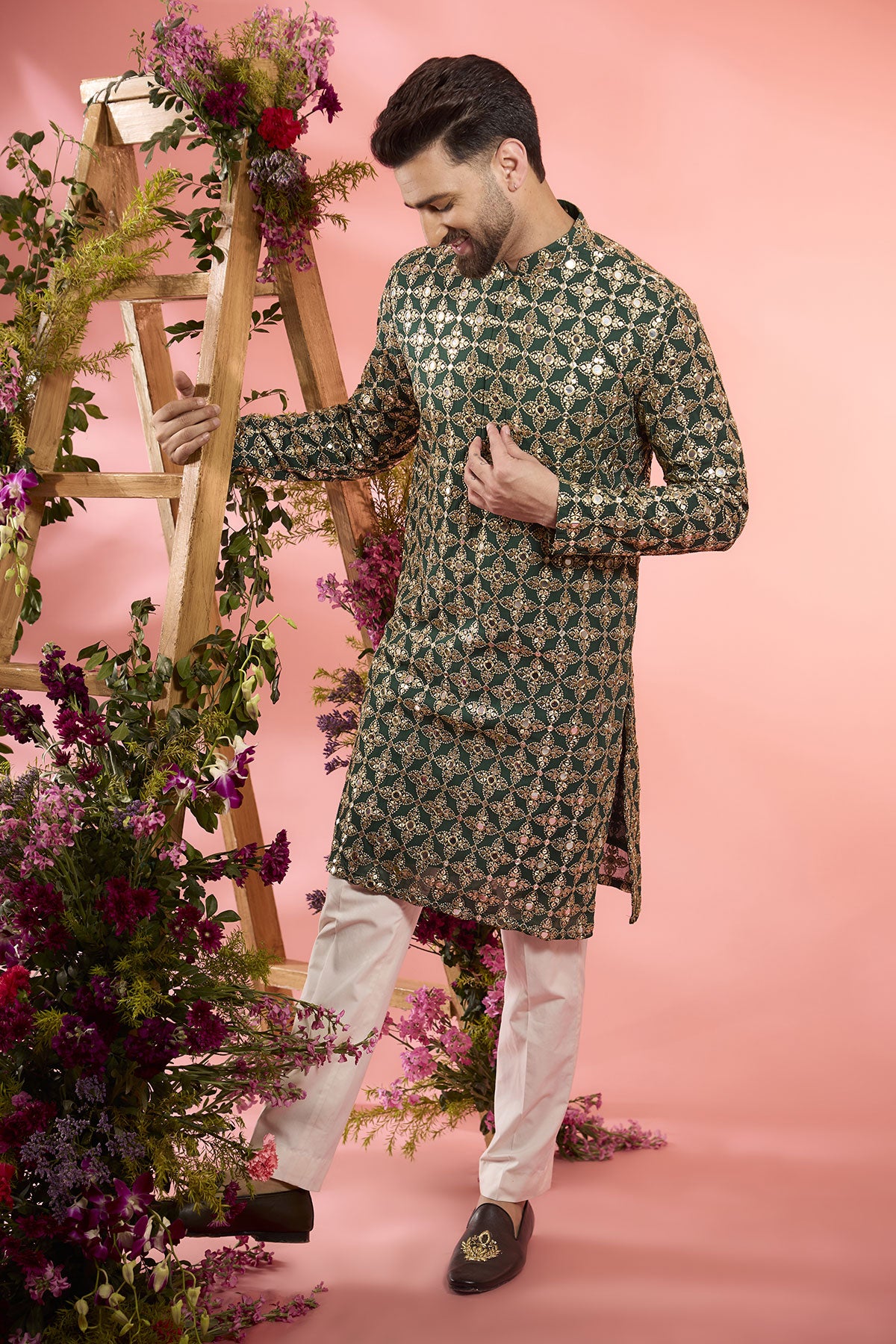 Bottle Green Georgette Mirror Work Kurta