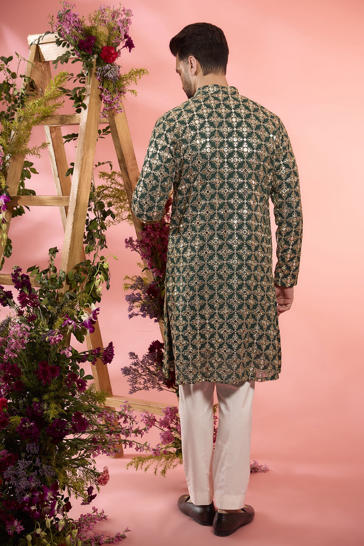 Bottle Green Georgette Mirror Work Kurta