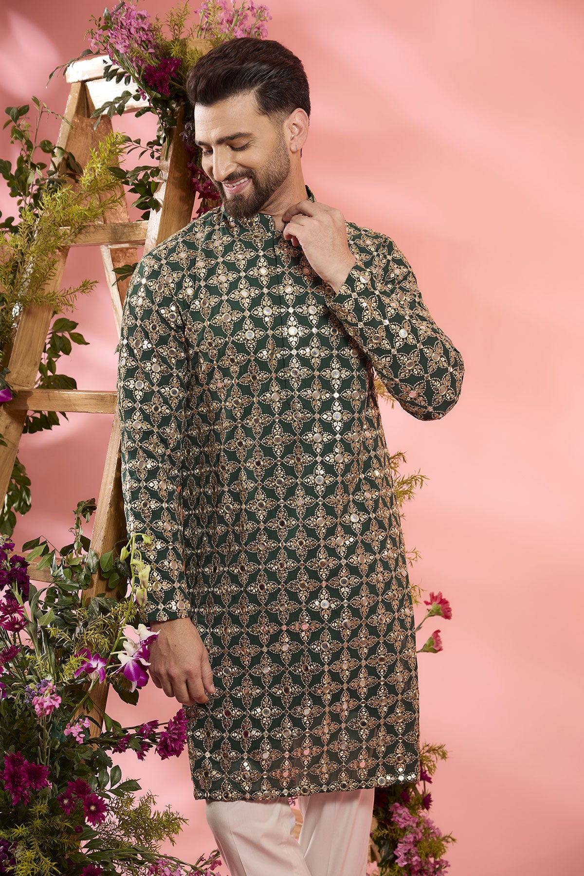 Bottle Green Georgette Mirror Work Kurta