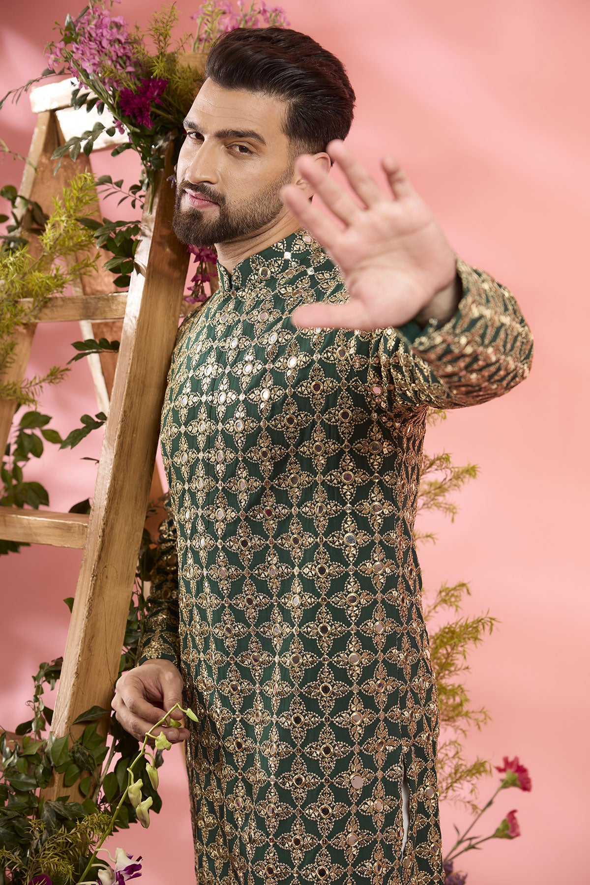 Bottle Green Georgette Mirror Work Kurta