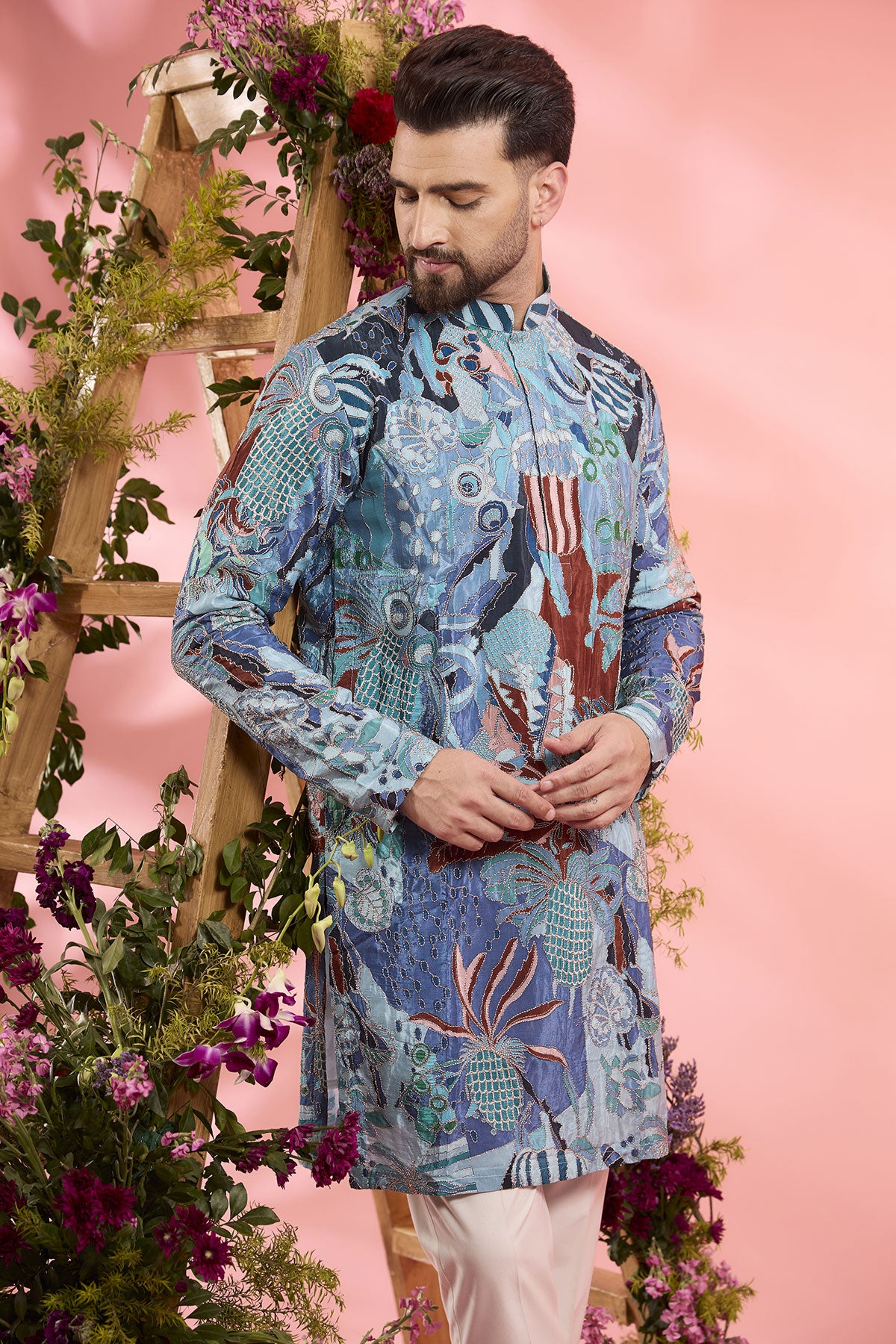 Ice Blue Crepe Silk Zari Work Kurta