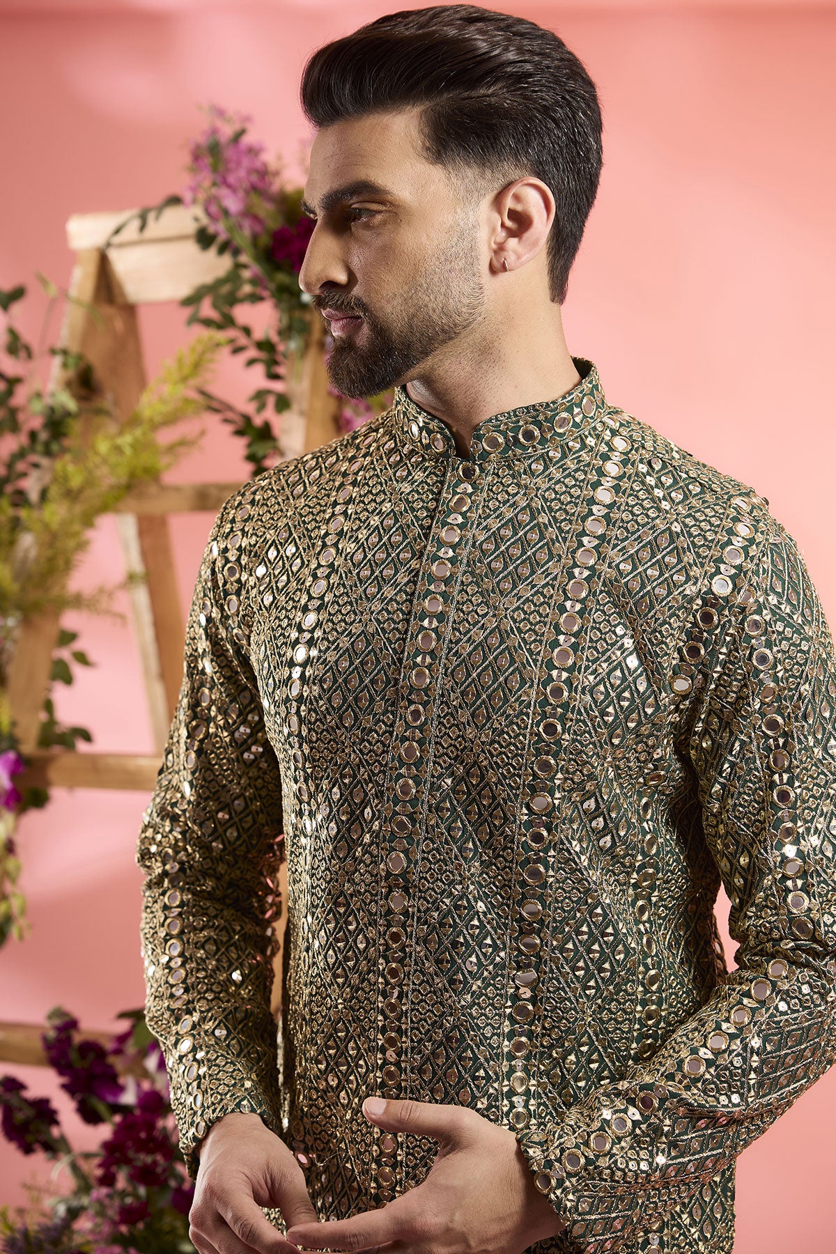 Green Georgette Mirror Work Kurta