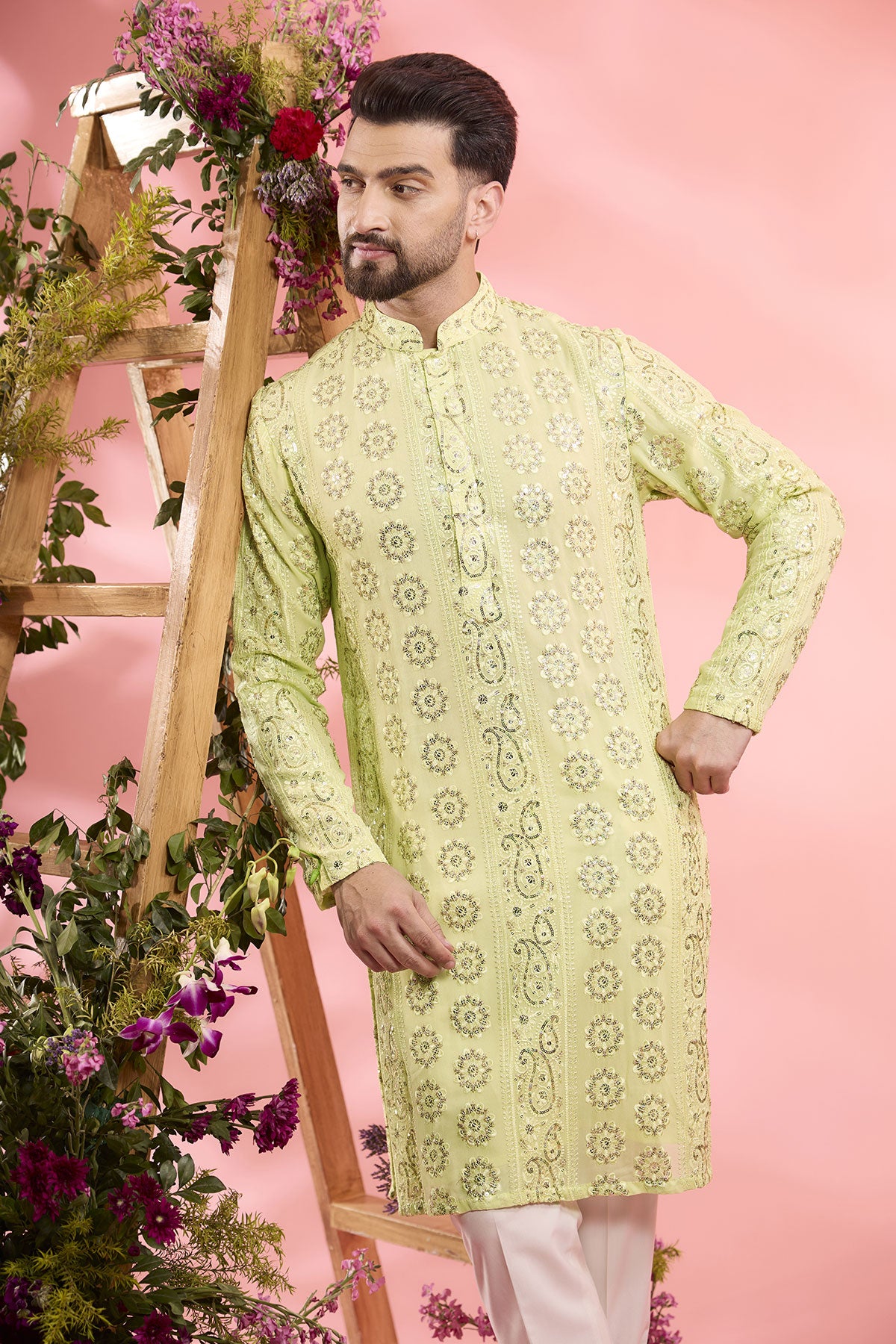 Yellow Georgette Sequins Work Chikankari Kurta