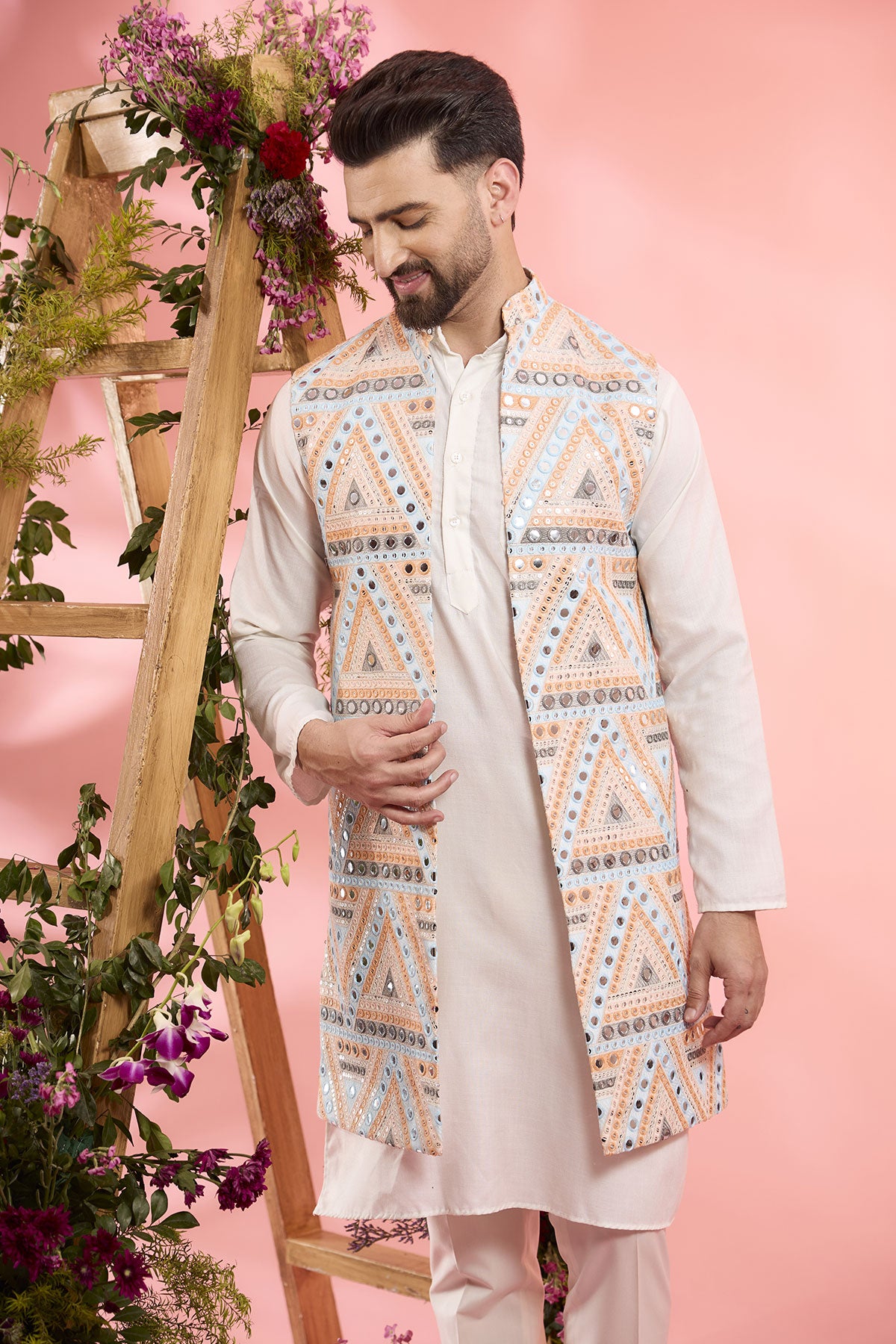 Multi-Colored Georgette Mirror Work Open Indowestern Set
