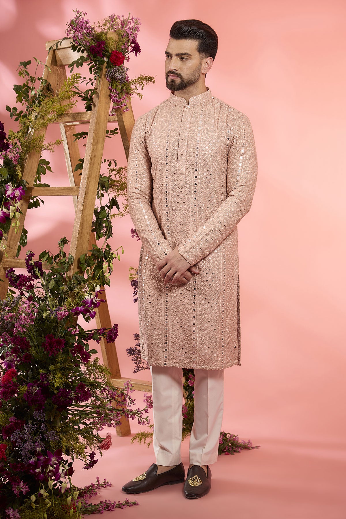 Peach Silk Sequins Embroidered Kurta