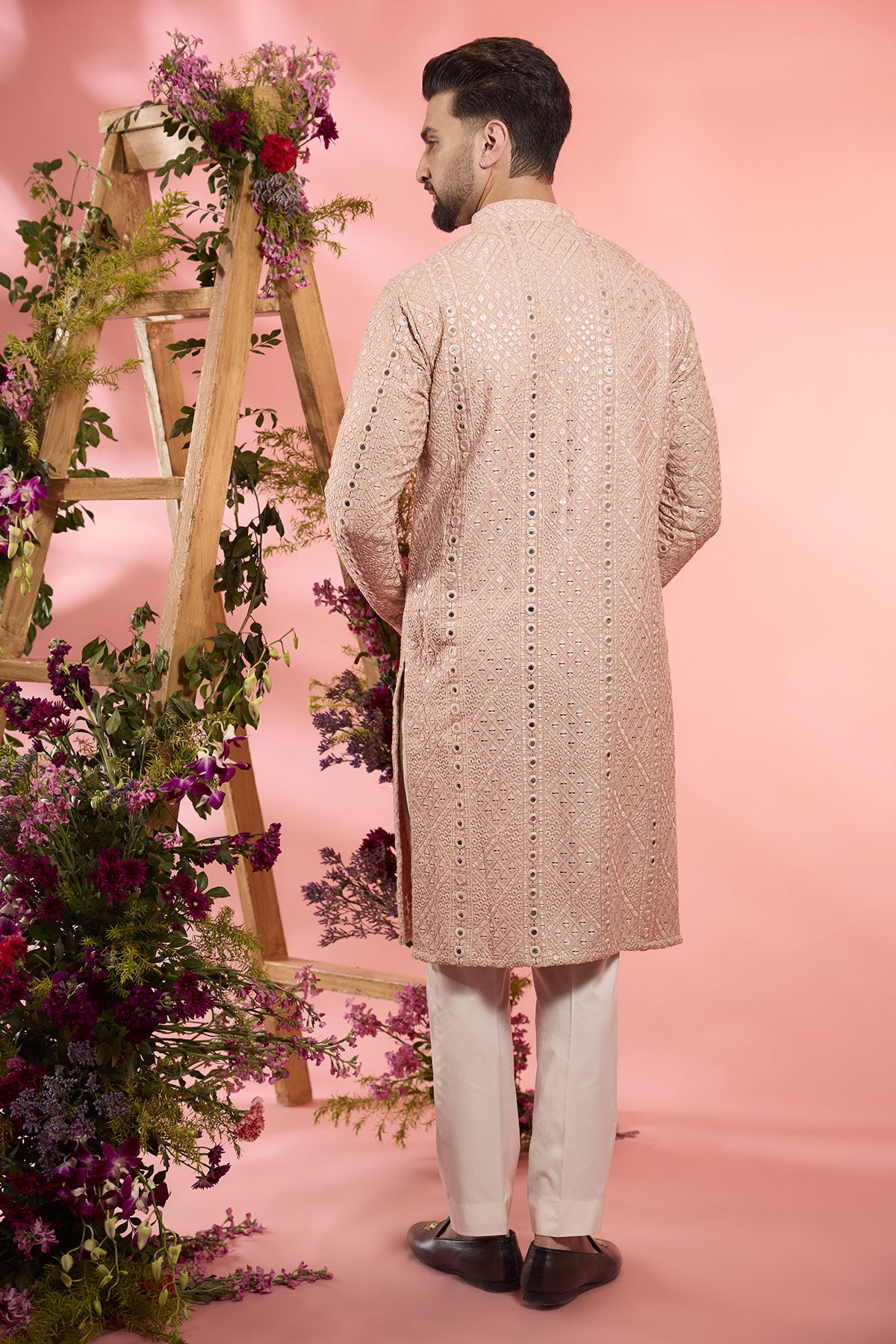 Peach Silk Sequins Embroidered Kurta