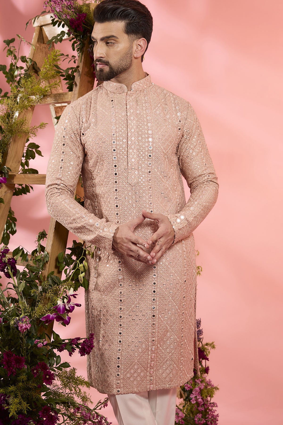 Peach Silk Sequins Embroidered Kurta