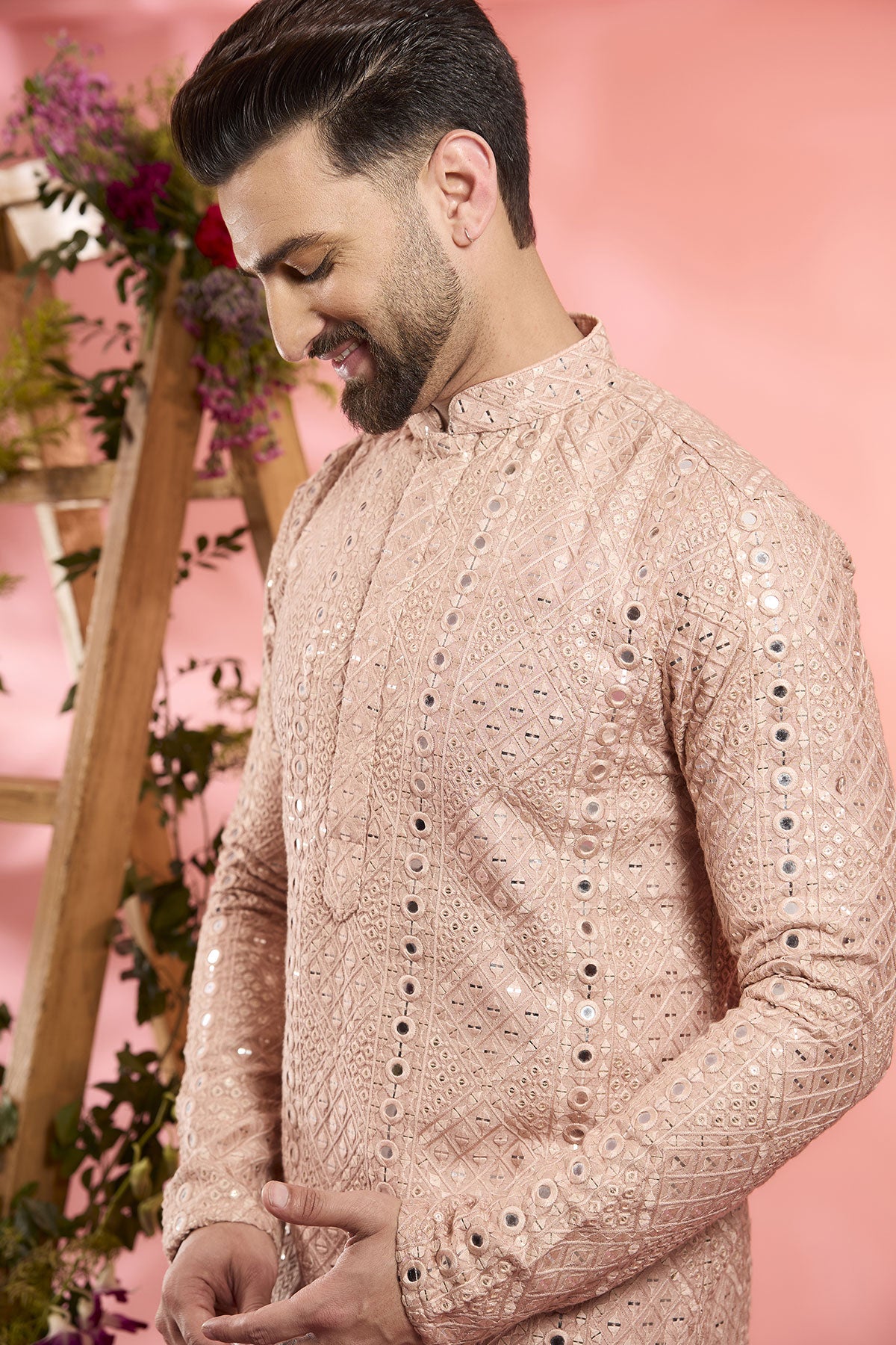 Peach Silk Sequins Embroidered Kurta