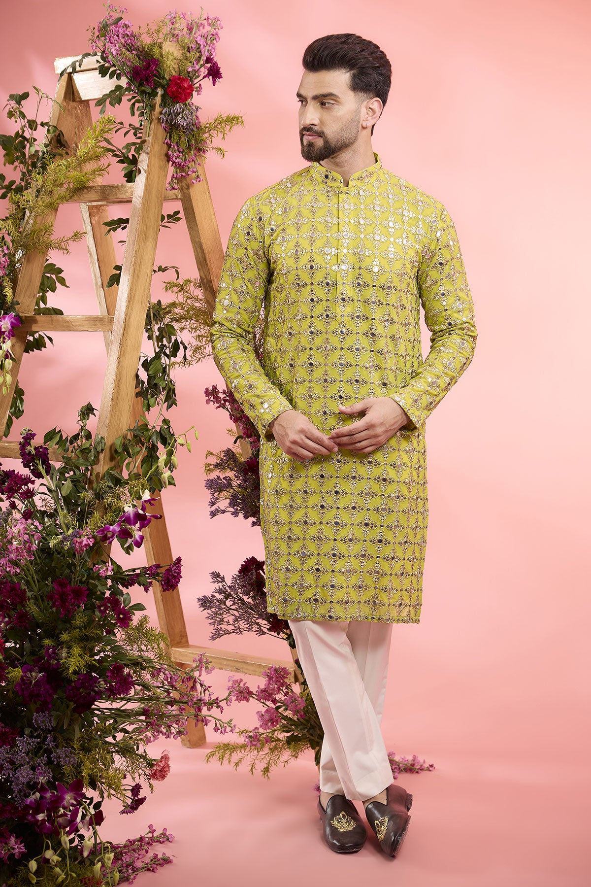 Neon Yellow Georgette Mirror Work Kurta