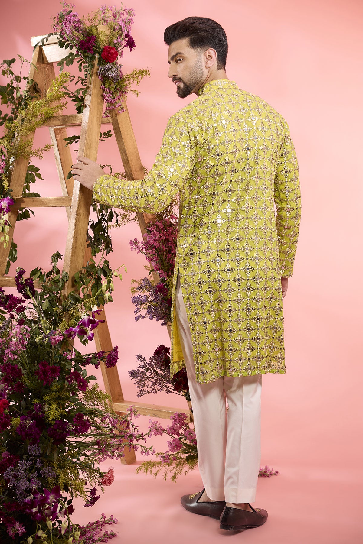 Neon Yellow Georgette Mirror Work Kurta