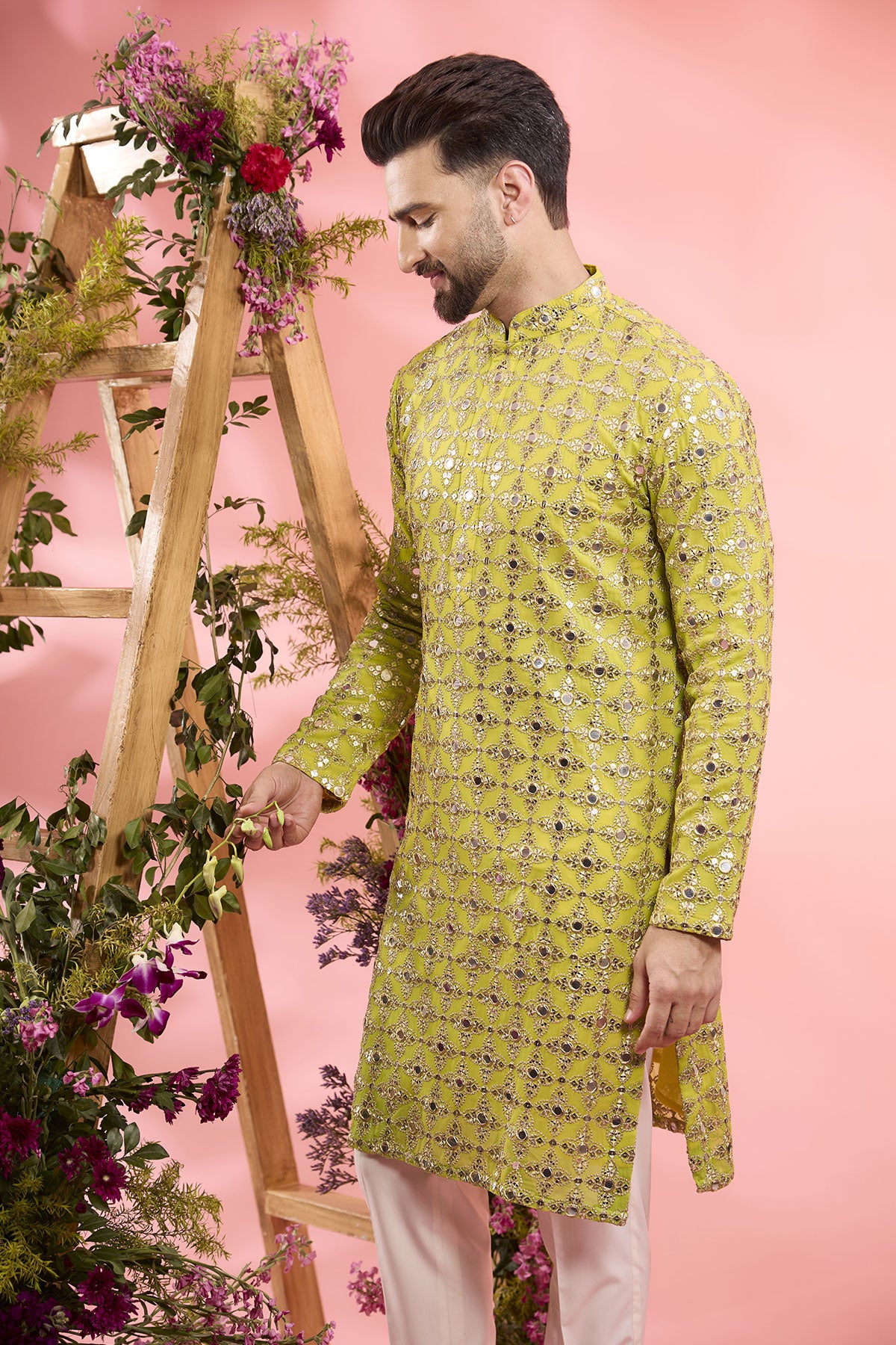 Neon Yellow Georgette Mirror Work Kurta
