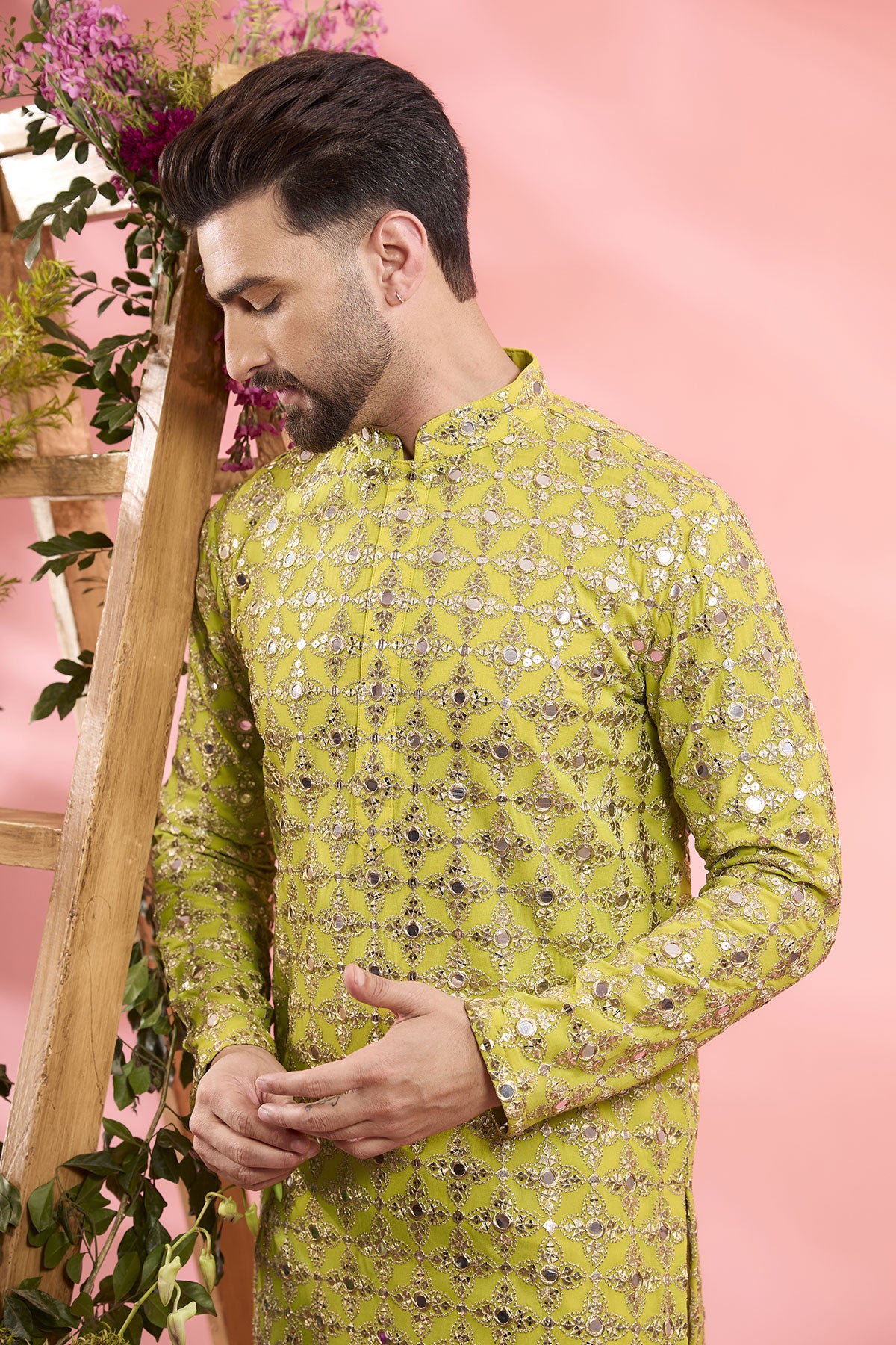 Neon Yellow Georgette Mirror Work Kurta