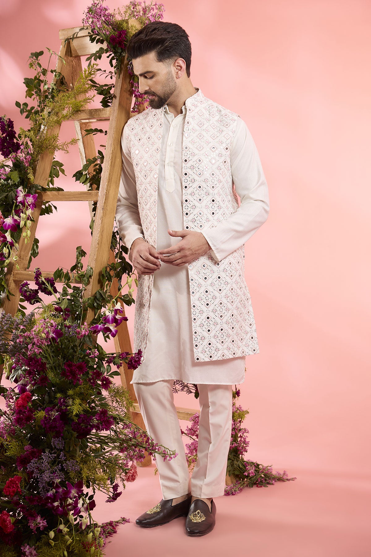 Ivory Silk Mirror Work Open Indowestern Jacket