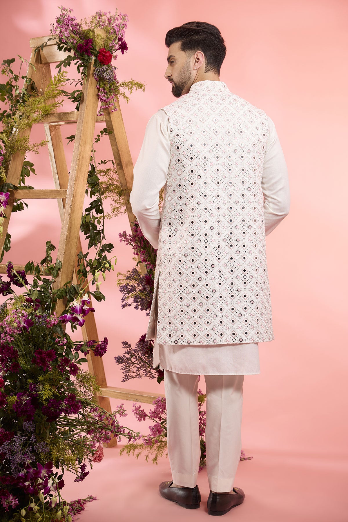 Ivory Silk Mirror Work Open Indowestern Jacket