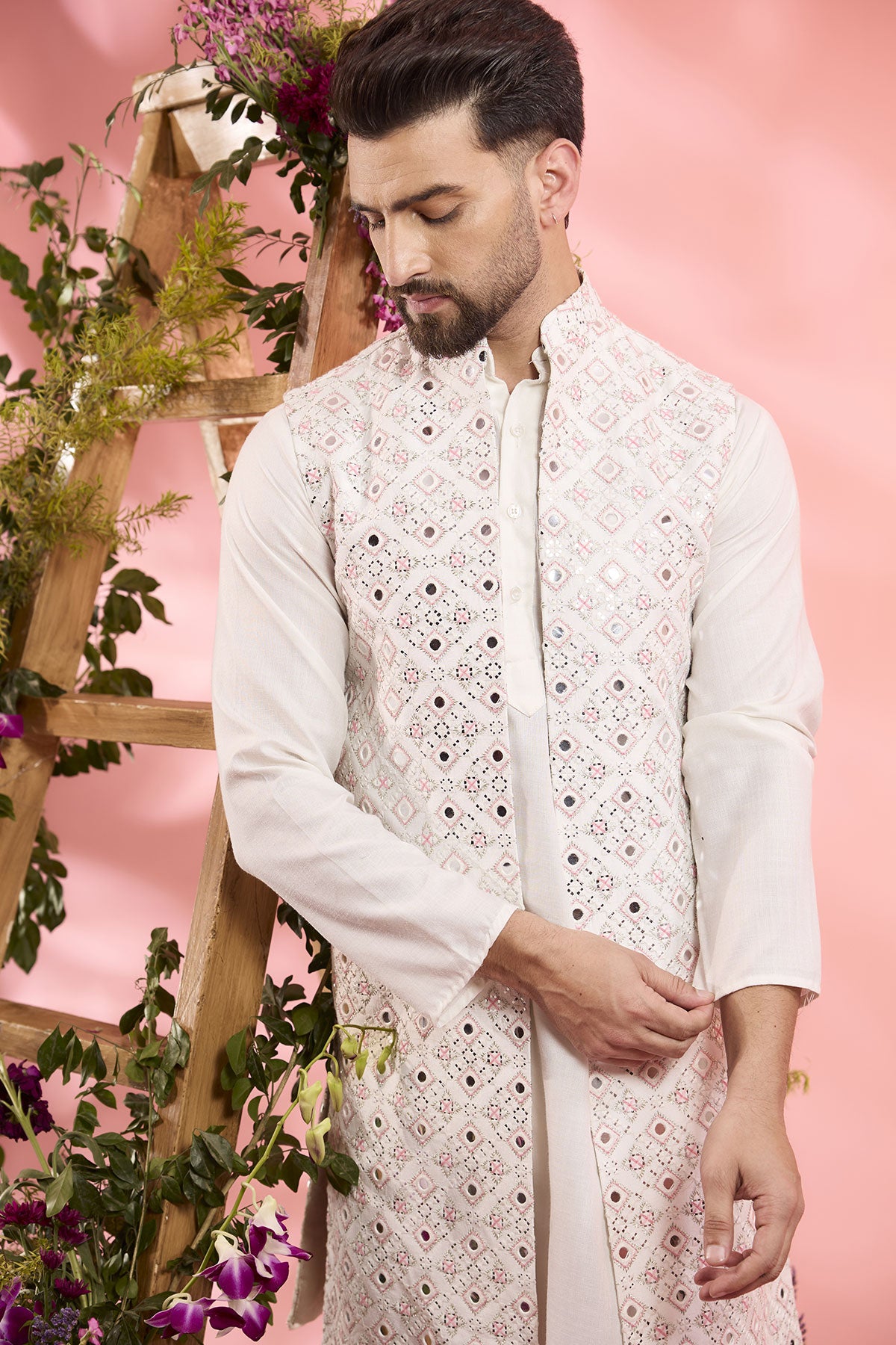 Ivory Silk Mirror Work Open Indowestern Jacket