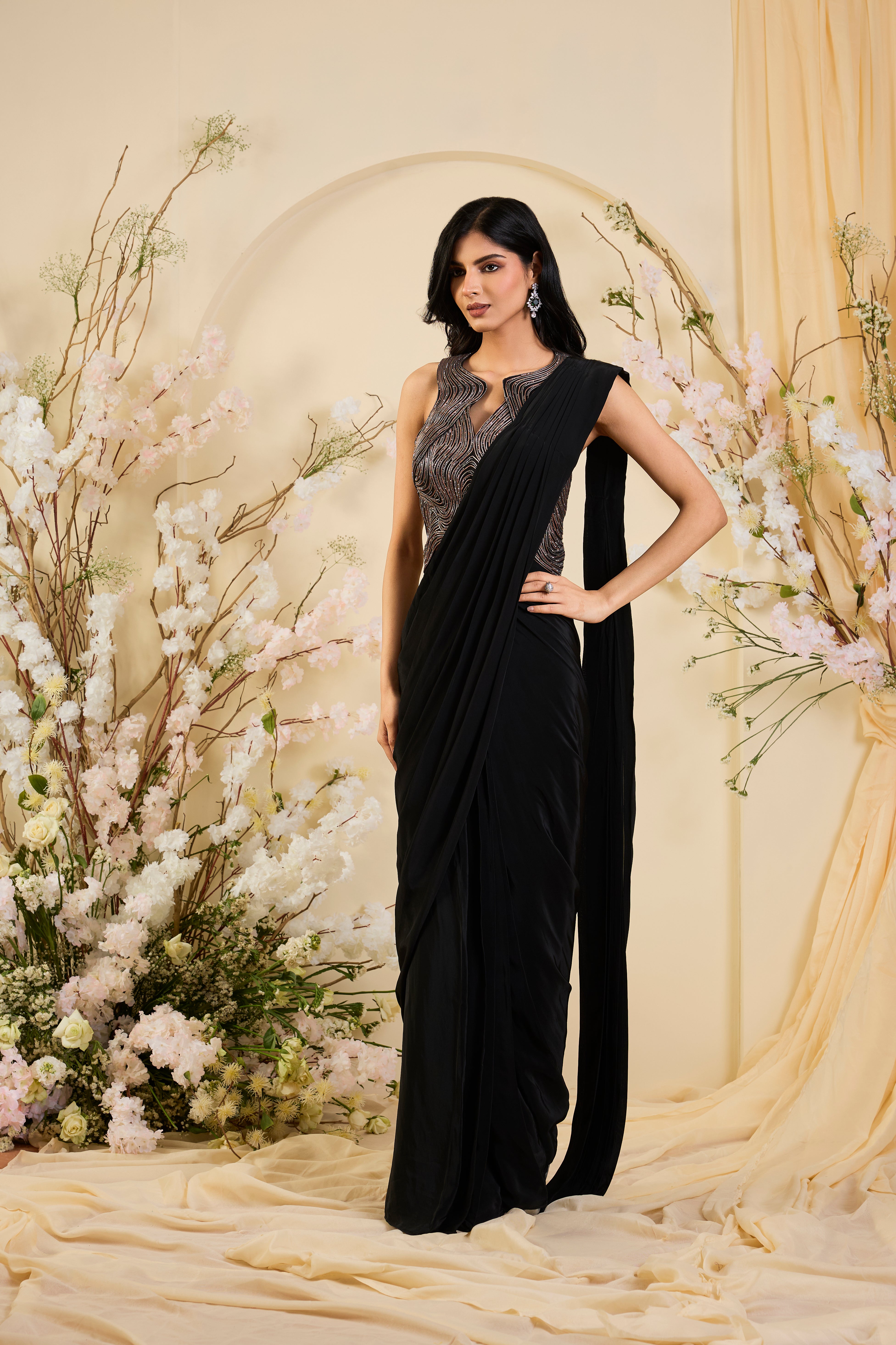 Midnight Noir Embellished Drape Saree Set