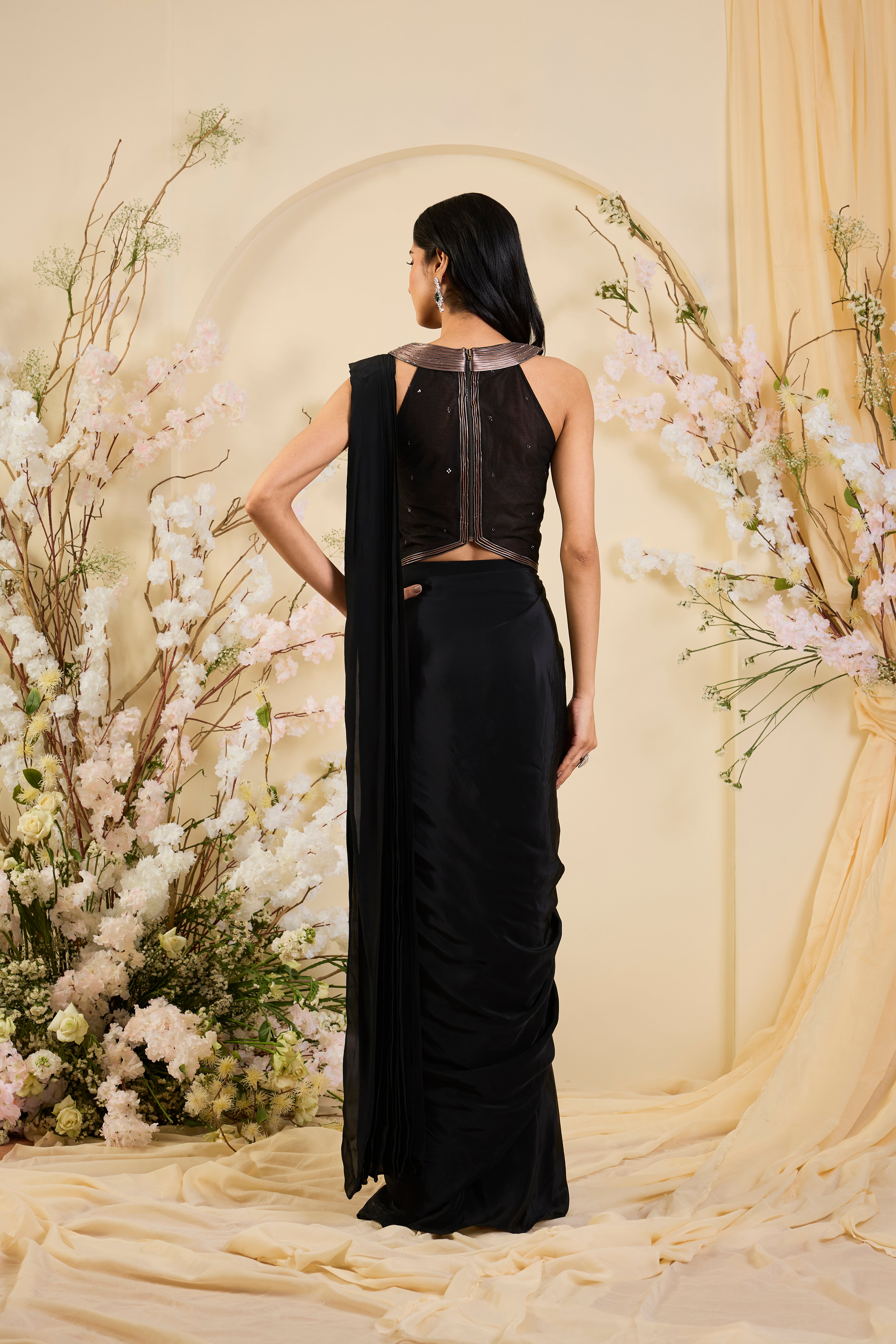 Midnight Noir Embellished Drape Saree Set