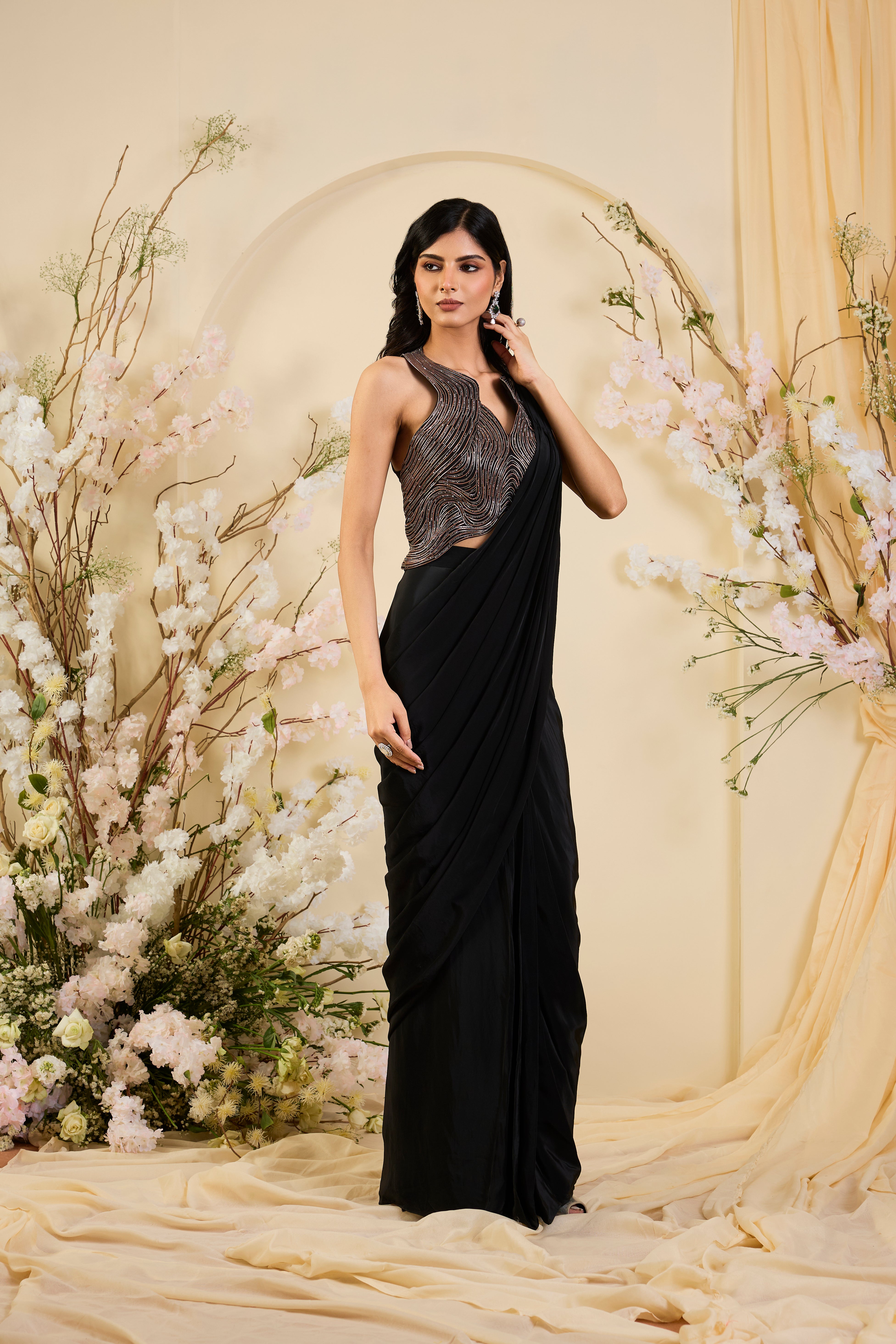 Midnight Noir Embellished Drape Saree Set