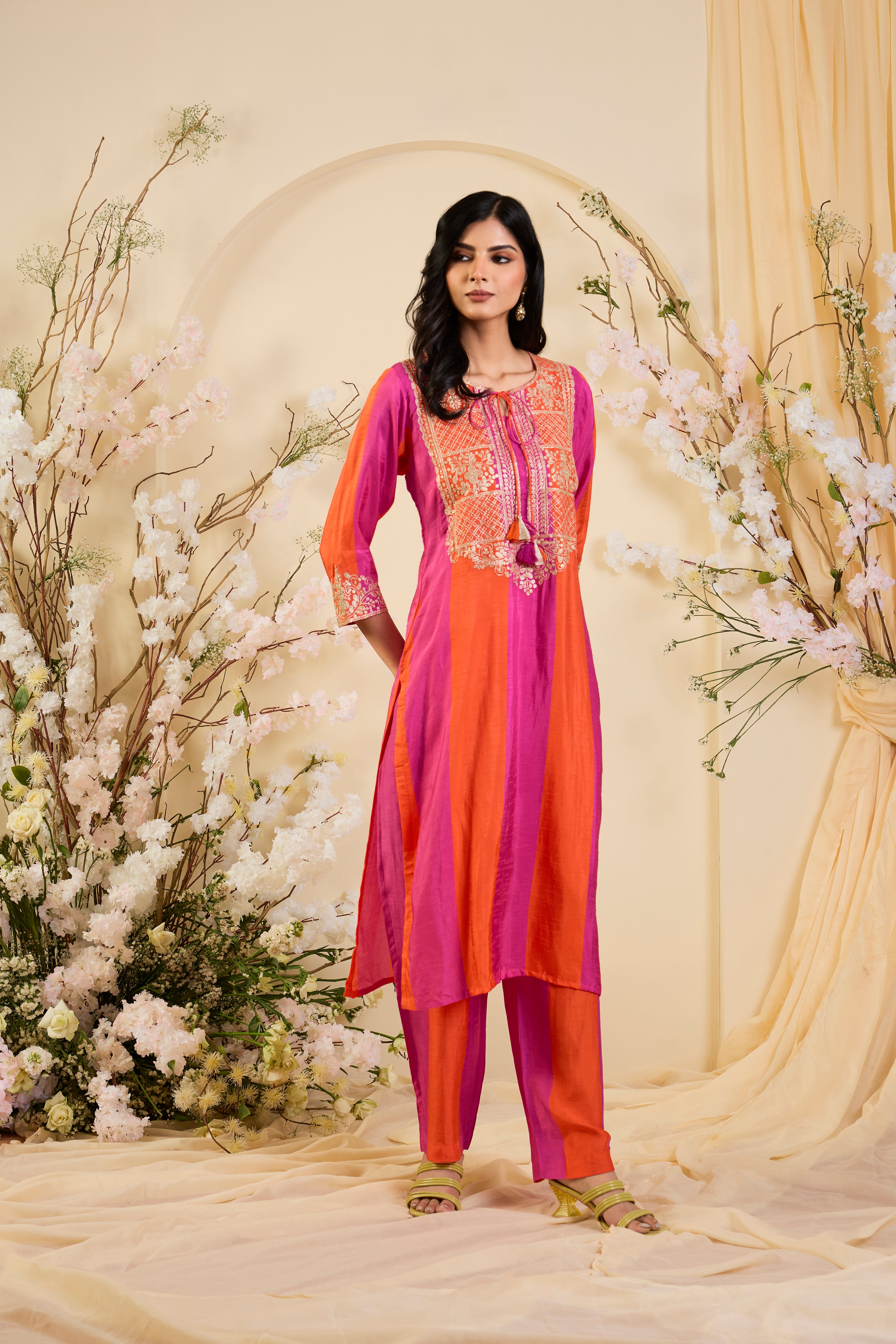 Rangrez Silk Kurta Set in Fuchsia & Vermilion