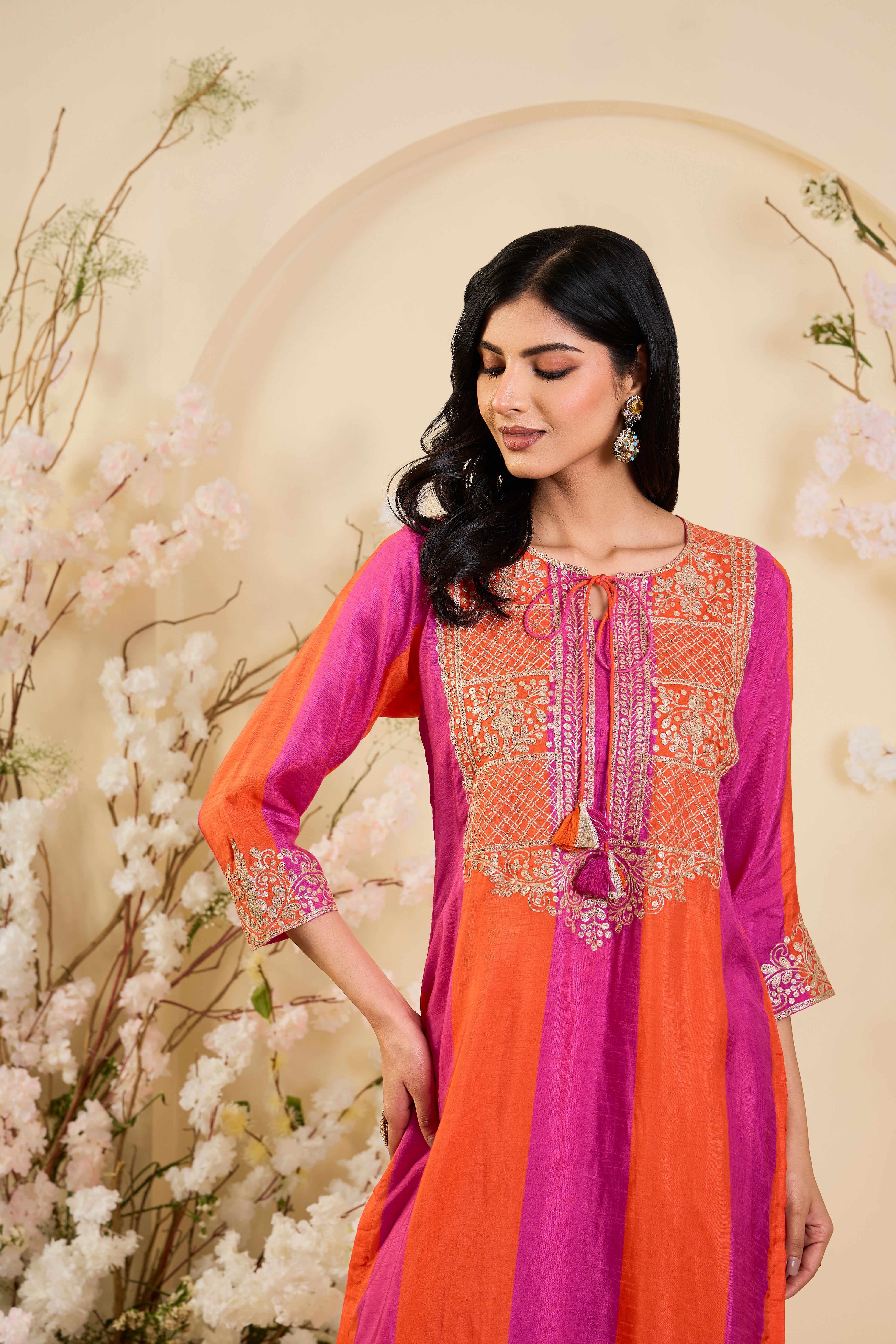Rangrez Silk Kurta Set in Fuchsia & Vermilion