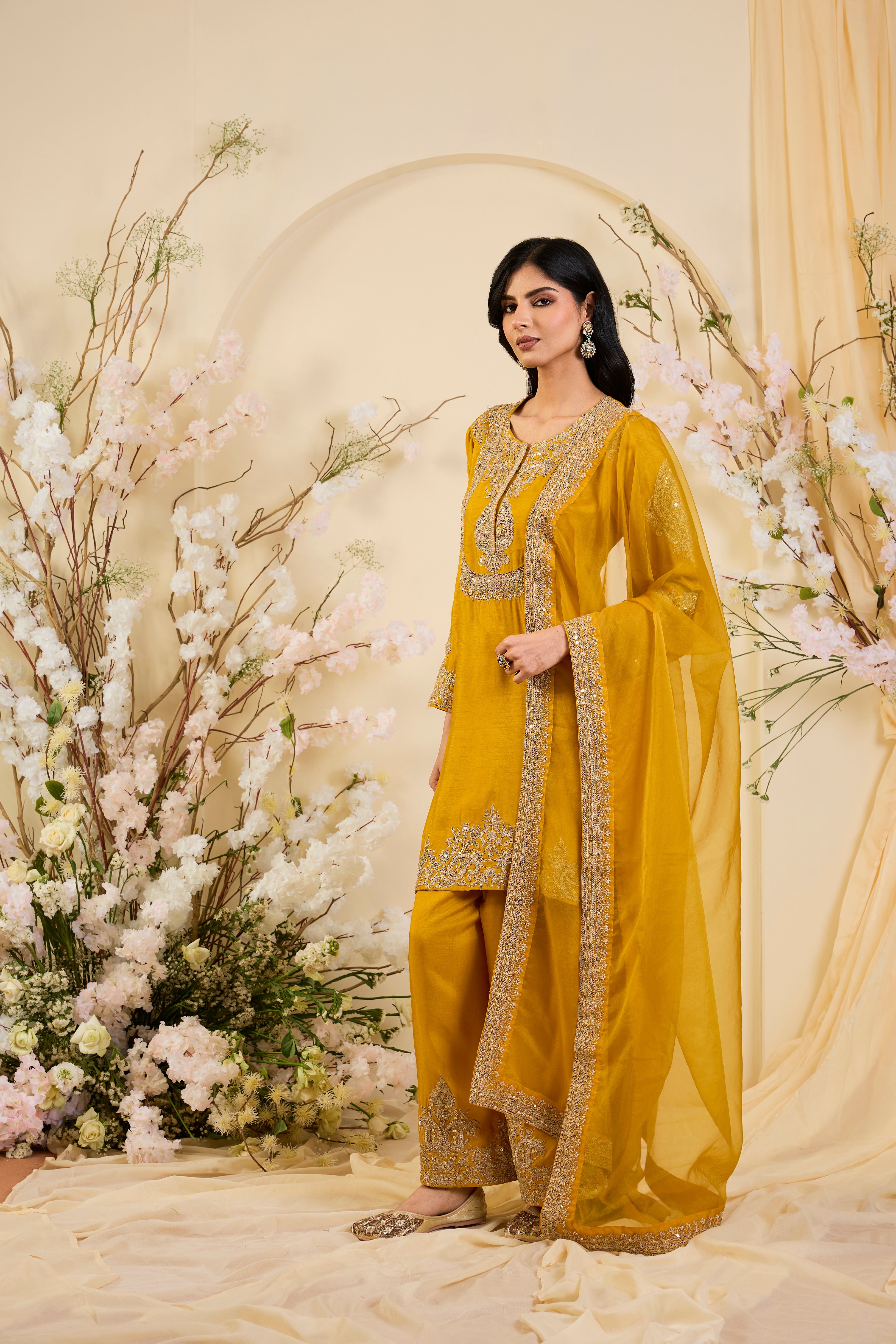 Zehra Silk Ensemble in Saffron Gold