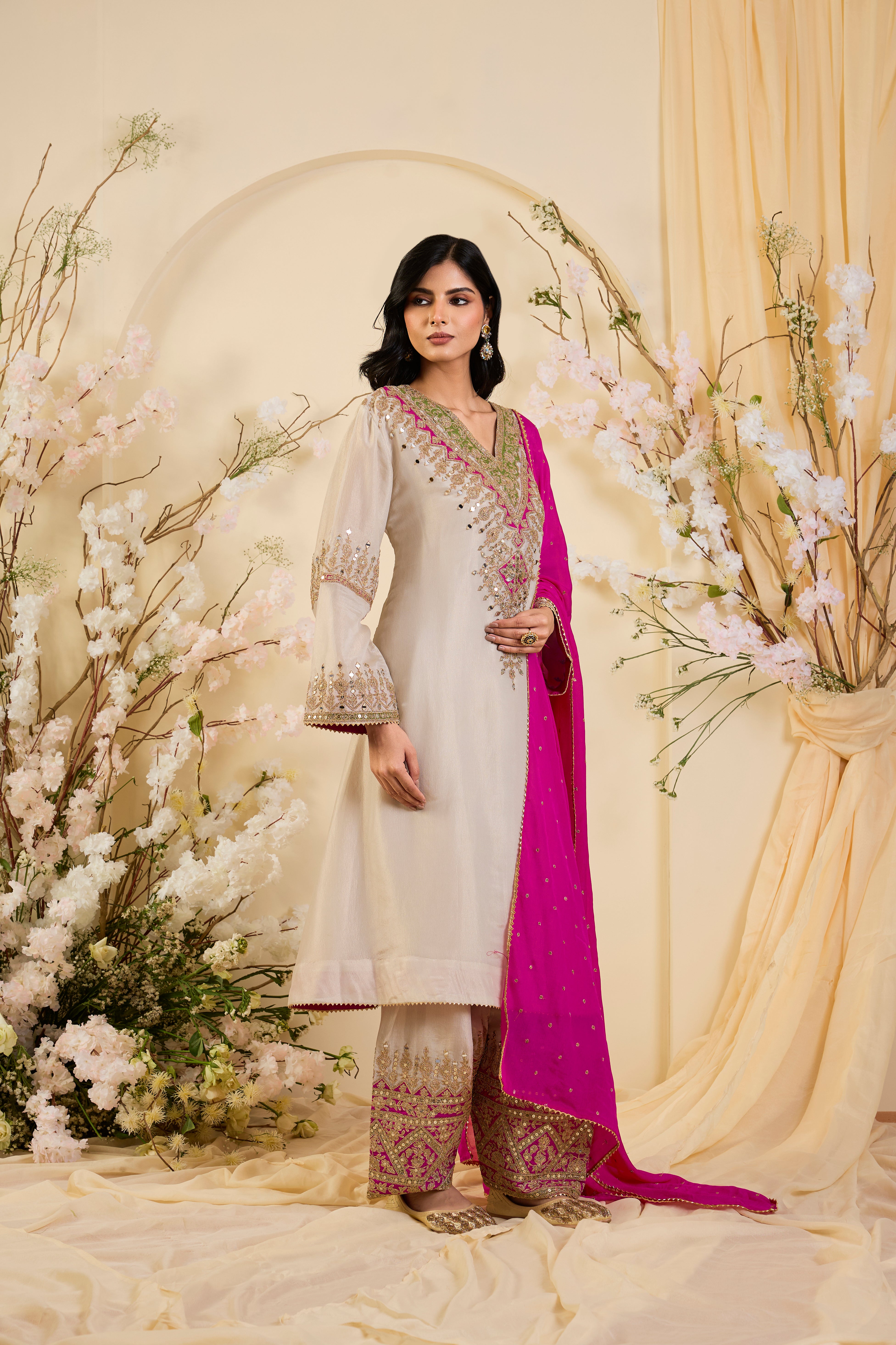 Noor-e-Ivory: A Heritage Embroidered Kurta Set with Regal Zari Accents & Fuchsia Draped Elegance