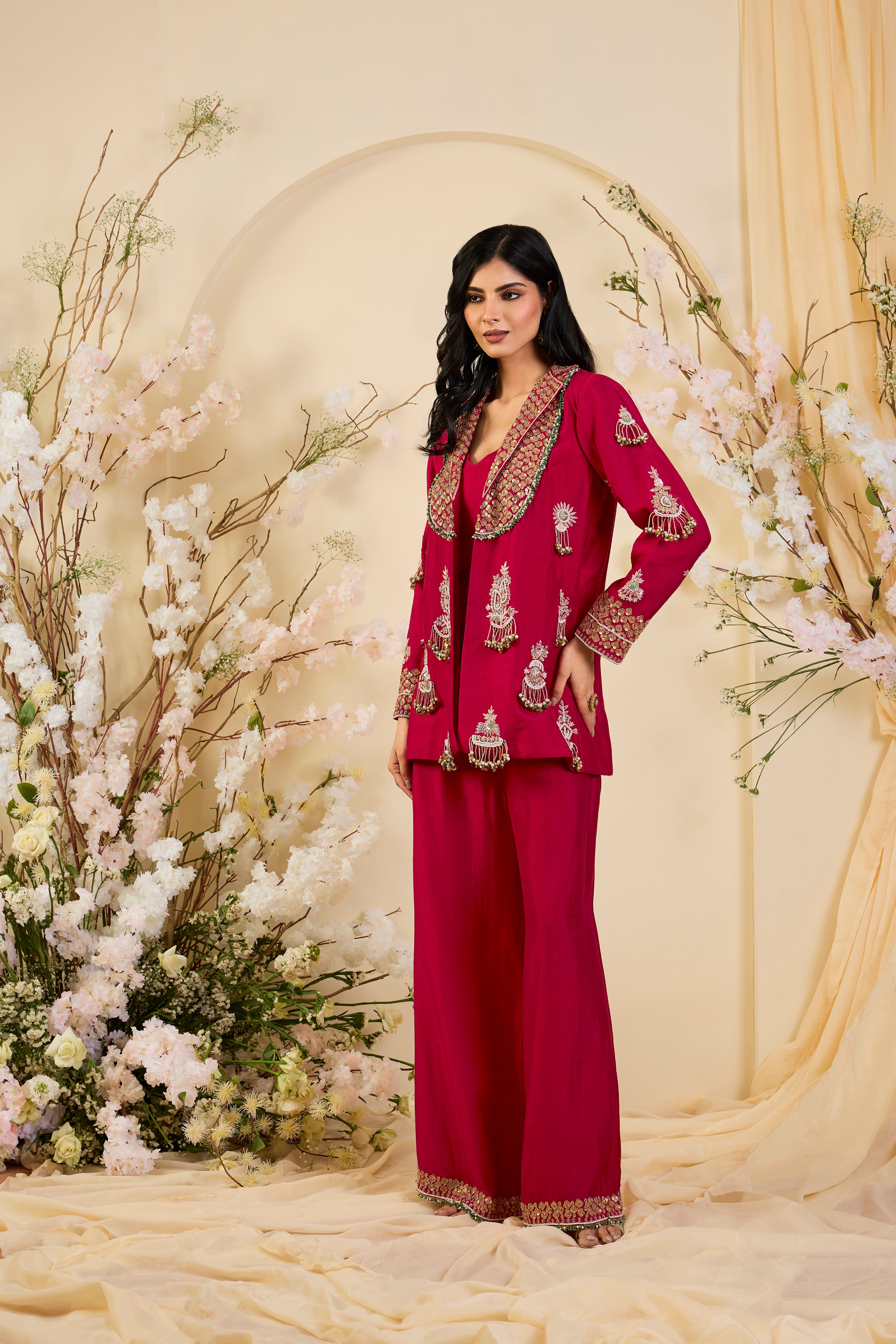 Crimson Embroidered Jacket Set with Ornate Zari Detailing & Fluid Palazzo Silhouette