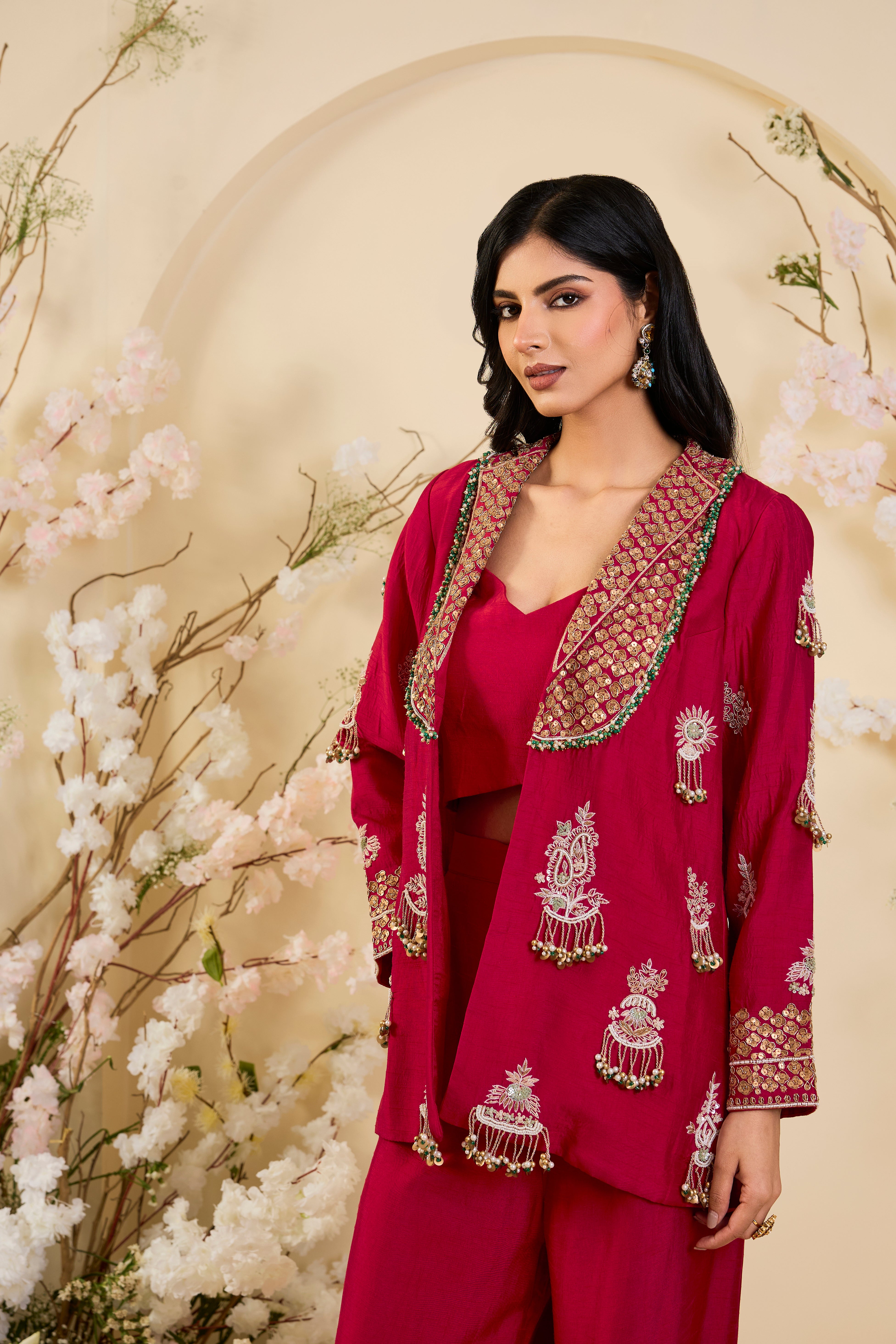 Crimson Embroidered Jacket Set with Ornate Zari Detailing & Fluid Palazzo Silhouette